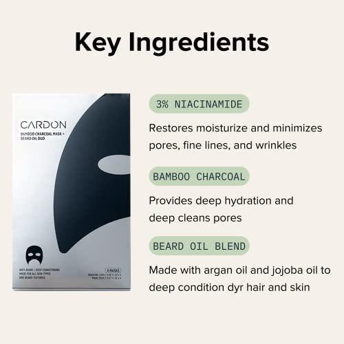 Cardon Cardon Face Mask for Bearded Men | Korean Sheet Mask for Men | Bamboo Charcoal Facial Mask and Beard Oil | 4-Pack