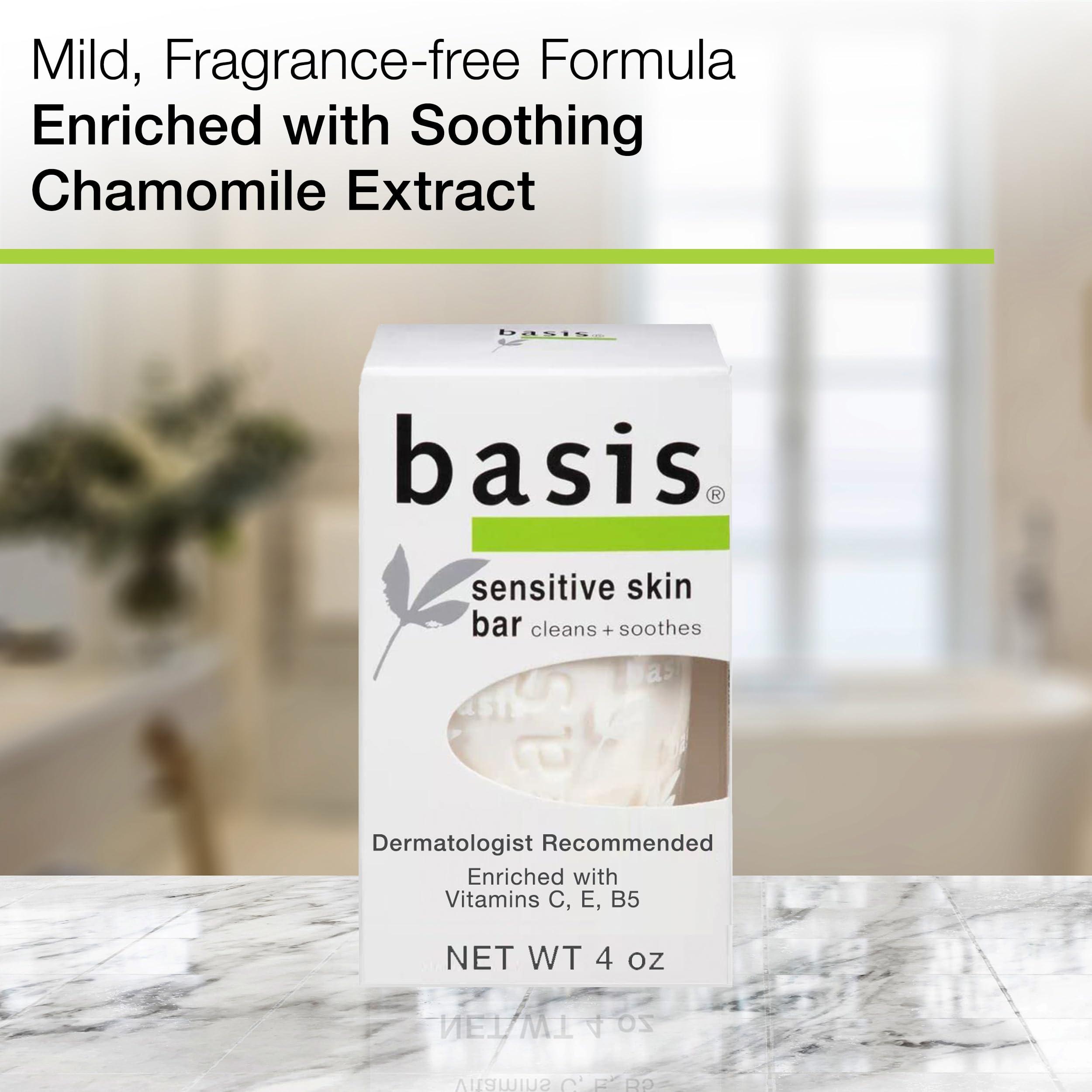 Basis Basis Sensitive Skin Bar Soap for Body, Hands and Face, Unscented Soap Bar for Sensitive Skin with Chamomile and Aloe Vera, 4 Oz, Pack of 6