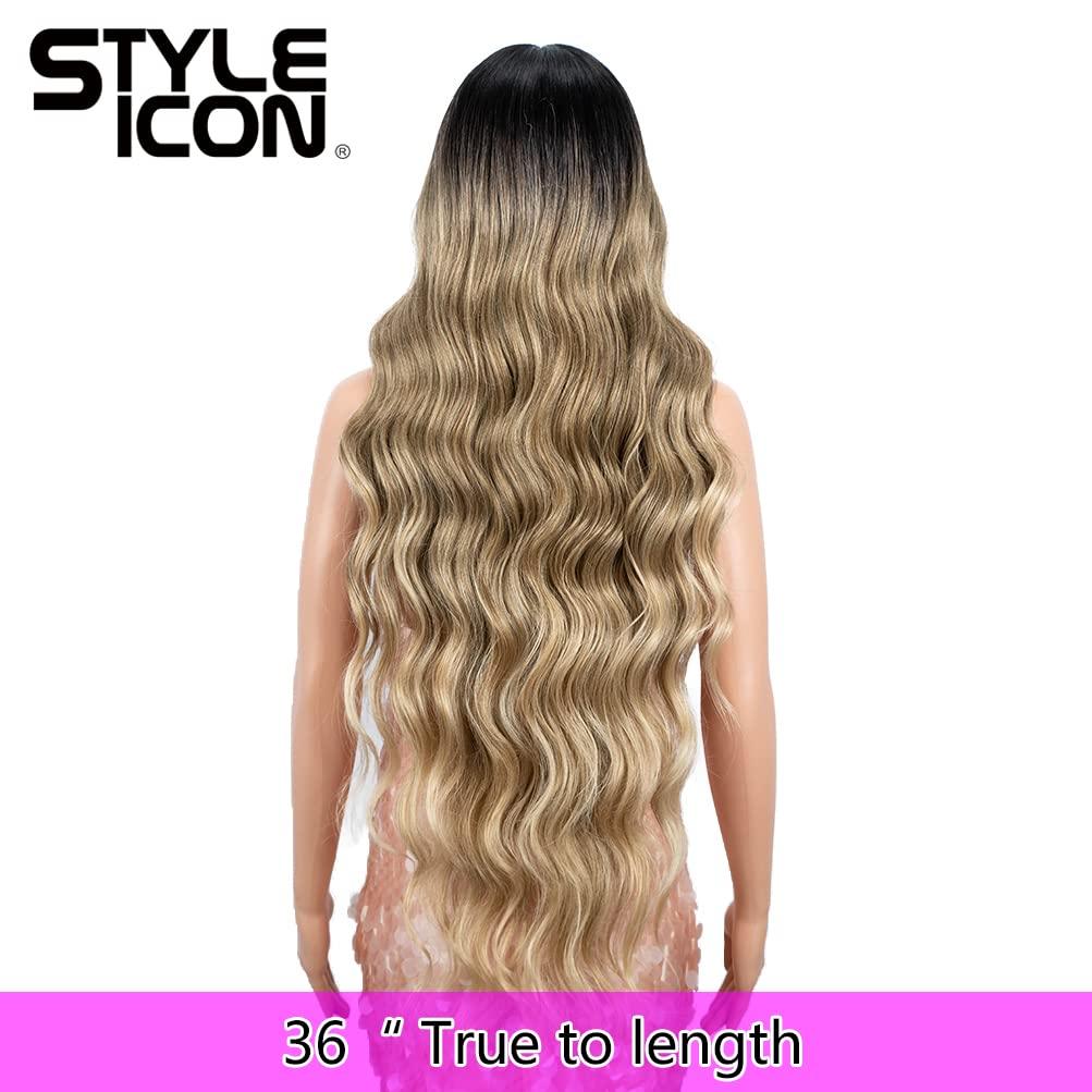Style Icon Style Icon 36" Easy-360 Lace Wigs 13X6 Free Part Lace Frontal Wigs Super Long Body Wave Wavy Wig Synthetic Ombre Blonde Wig (36 Inches, SOP22613)