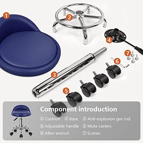 KKTONER KKTONER PU Leather Round Rolling Stool with Foot Rest Height Adjustable Swivel Drafting Work SPA Task Chair with Wheels (Blue)