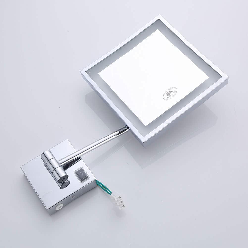 inBEKEA inBEKEA Wall Mounted Mirrors Makeup Shaving Mirror LED Lighted Bathroom Mirror for Hotel Vanity with Adjustable Extendable Square 8 Inch 3X Magnification Cosmetic Mirror Powered by Plug in
