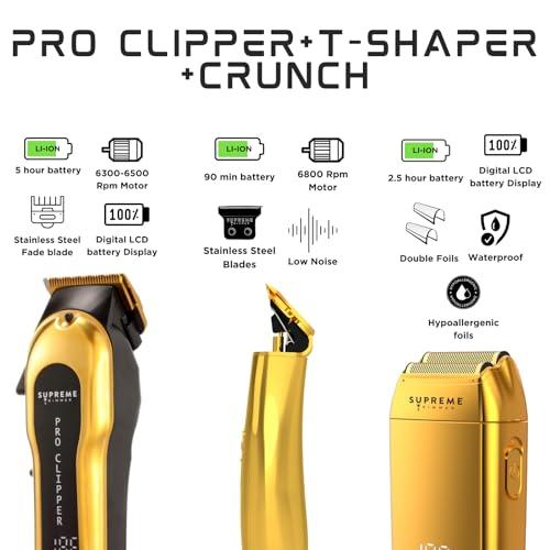 Supreme Trimmer Supreme Trimmer 3-in-1 Barber Bundle | Pro Clipper, T-Shaper Trimmer & Crunch Foil Shaver | Professional Beard Trimmer Mens Hair Clipper Kit | Gold