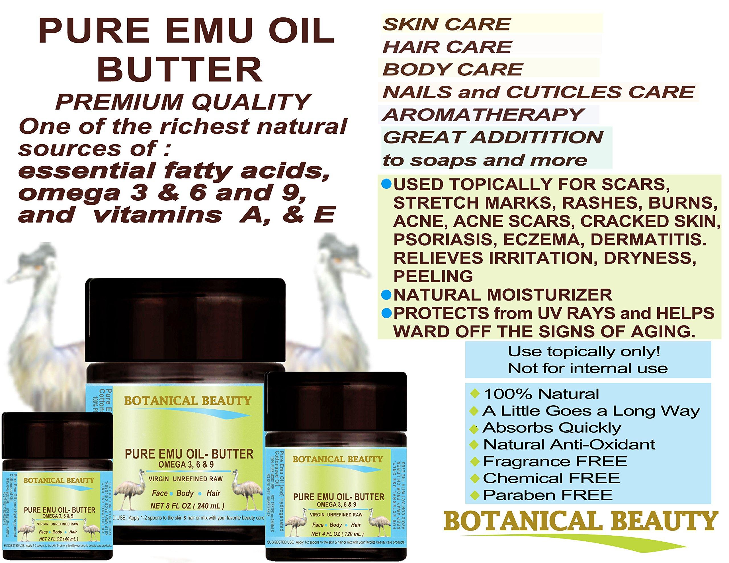 Botanical Beauty PURE EMU OIL BUTTER 100% Natural RAW VIRGIN UNREFINED for FACE, BODY, HANDS, FEET, NAILS, HAIR and LIP CARE 8 Fl. oz. - 240 ml by Botanical Beauty