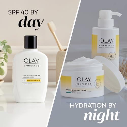 Olay Olay Complete+ Face Moisturizer with Sunscreen SPF 40, For Sensitive Skin, Broad Spectrum Sun Protection, Fragrence-Free - No White Cast on All Tones, Nourishes Moisture Barrier - Ceramides, 6 Oz