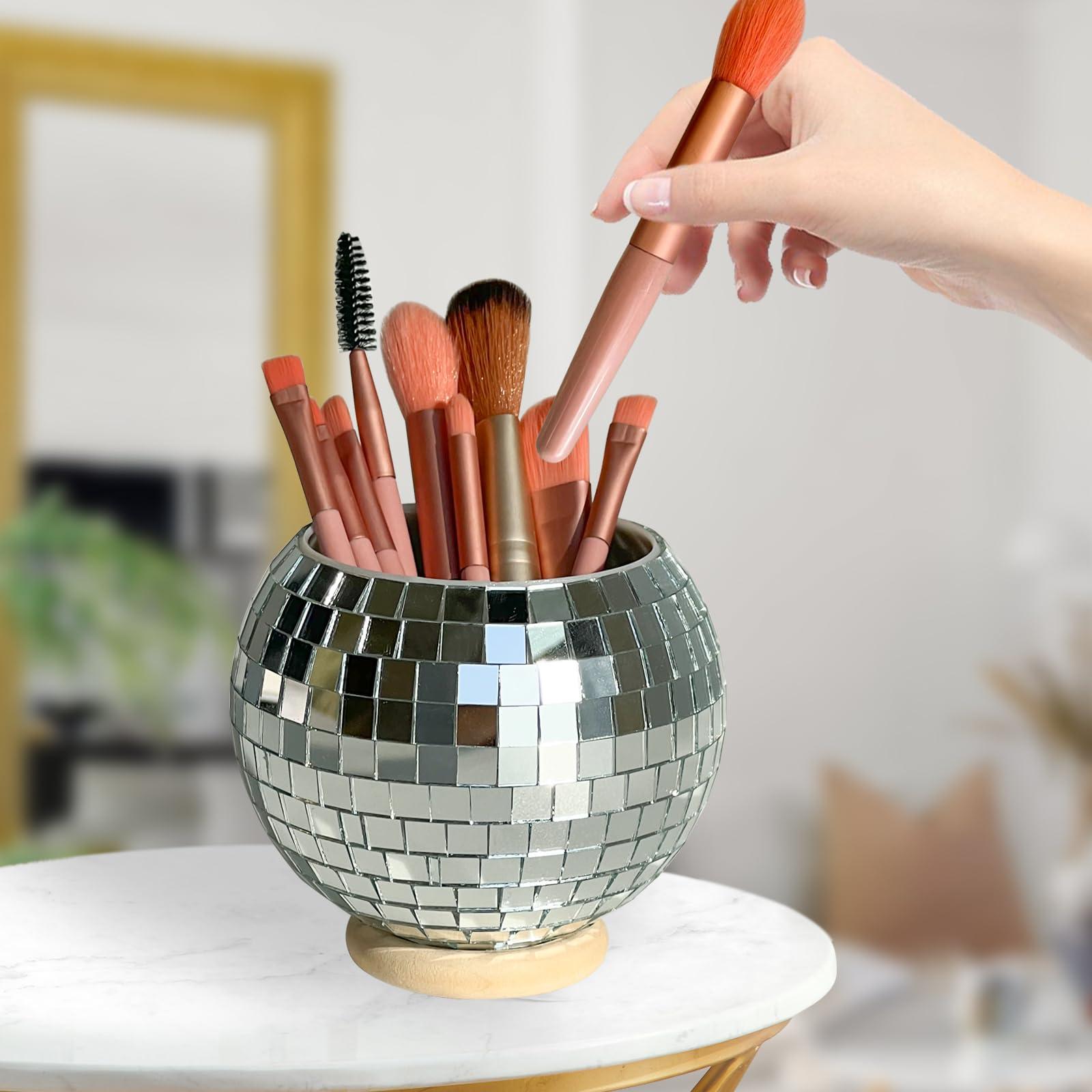 FlidRunest FlidRunest Disco Makeup Brush Holders Organizer, Mirror Ball Cosmetic Brush Holder, Cosmetic Brushes Cup Holder, Reflects Light, Unique Storage Holder for Bathroom Counter, Dresser, Bedroom