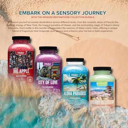 SPAZAZZ Hot Tub & Spa Aromatherapy Bath Salt Crystal Scents Spazazz Destinations Collection Bundle Aloha Paradise, Big Apple, City of Love, Cherry Blossom - Skin Moisturizer - Will Not Damage Spas & Hot Tubs