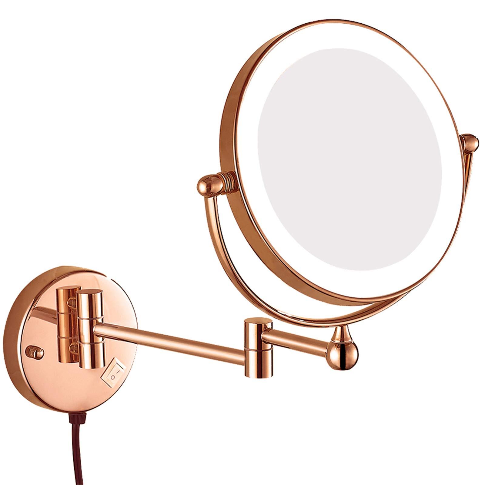 DMNSDD 8 inch Illuminated Makeup Mirror, Double Sided Magnification Mirror with LED Light, Bathroom Extendable Wall-mounted Vanity Shaving Mirror with Switch Plug,Rose gold,3X