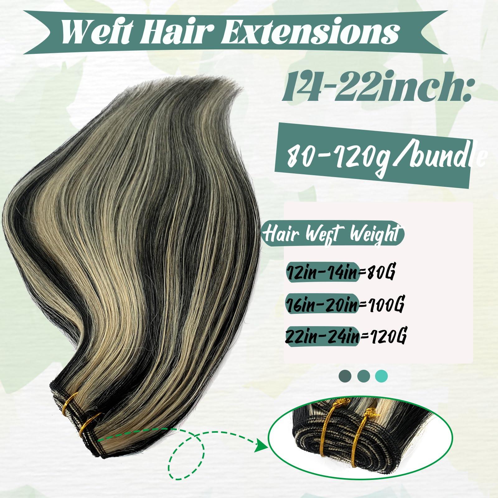 Smavida Weft Hair Extensions Human Hair, Balayage Natural Black to Blonde Sew in Remy Hair Extensions Human Hair for Women Sew in Extensions Human Hair Straight Bundles Double Weft Silky Soft Hair 120G