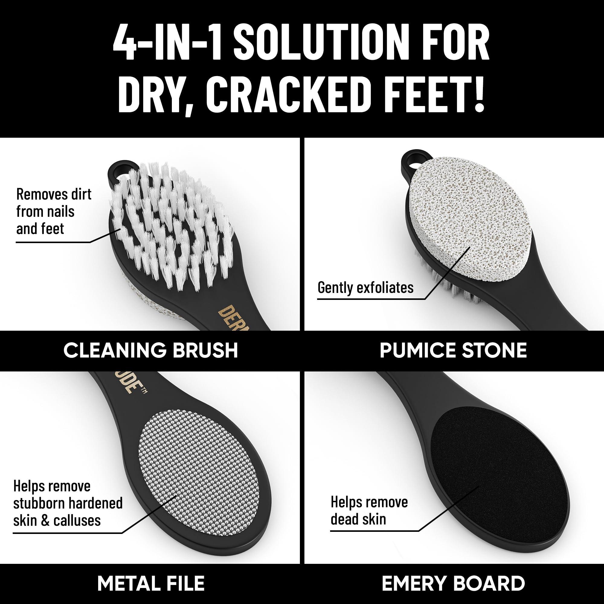 Derm Dude Derm Dude 4-in-1 Foot Scrubber & Heel Repair Tool | Foot File Callus Remover for Feet | Pedicure Tool with Metal File, Pumice Stone, Emery Board & Cleaning Brush to Soften & Smooth Rough, Dry Feet