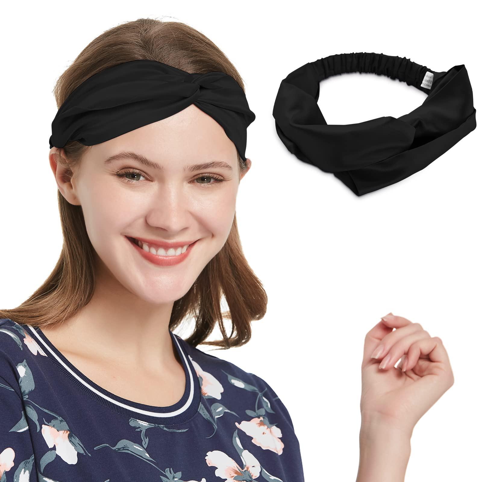 SOBONNY SOBONNY 100% Mulberry Silk Headband Women's Criss Cross Silk Turban Elastic Twisted Head Wrap Knotted Hair Band (black)