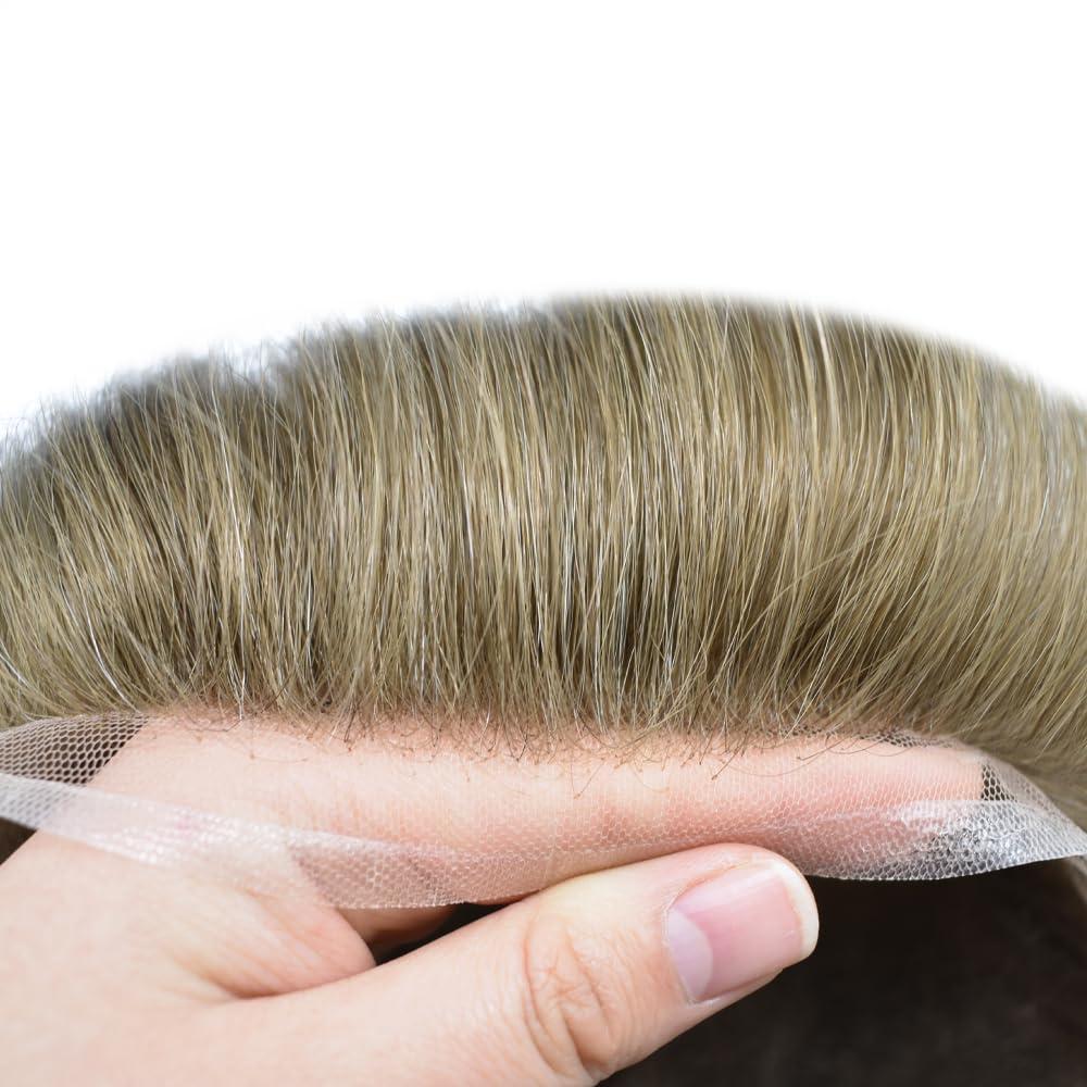 Hair Wonders Hair Wonders Full Swiss Lace Toupee For Men Real Human Hair Mens Toupee Hair Replacement System For Men Hairpieces For Men Hair System 6x8-100% light to Medium density17# DARK ASH BLONDE