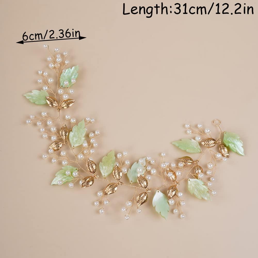 Teyglen Teyglen Bridal Wedding Green Leaf Headband Hair Vine Handmade Gold Pearl Headpieces Hair Pieces for Bride Wedding Hair Accessories for Women Girl