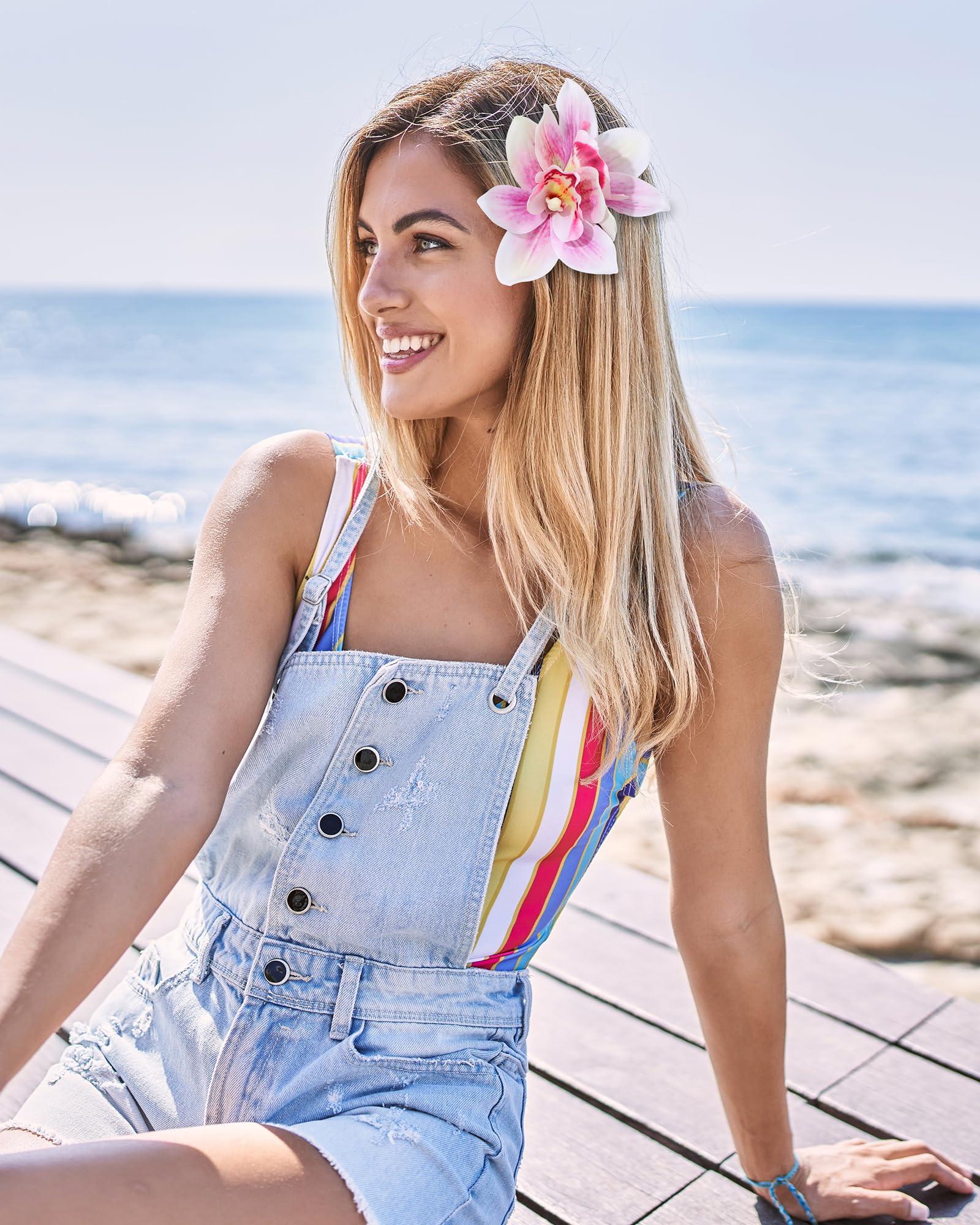 Ufgin 3 PCS Hawaiian Hair Accessories: Orchid, Hibiscus, and Artificial Flower Barrettes for Women (Pink, Rose, Yellow) - Ideal for Wedding, Bridal, Beach Party