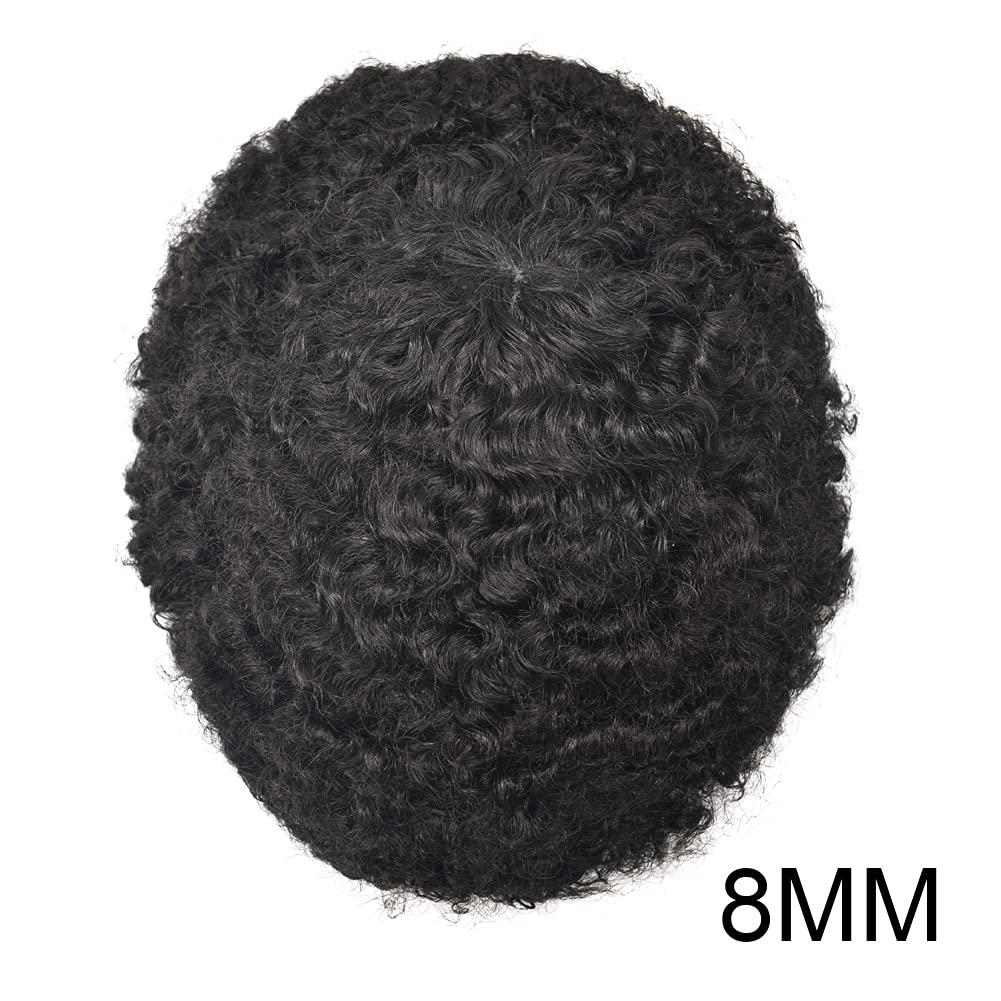 Generic Man Weave Hair Unit Black Men Afro African American Human Hair Toupee For Black Men Kinky Curly Mens Hair Pieces Durable Injection PU with Breathable Mens Hair Units (8\'\'*11\'\' 8mm-wave, 1B# OFF BLACK-110% light to medium density)