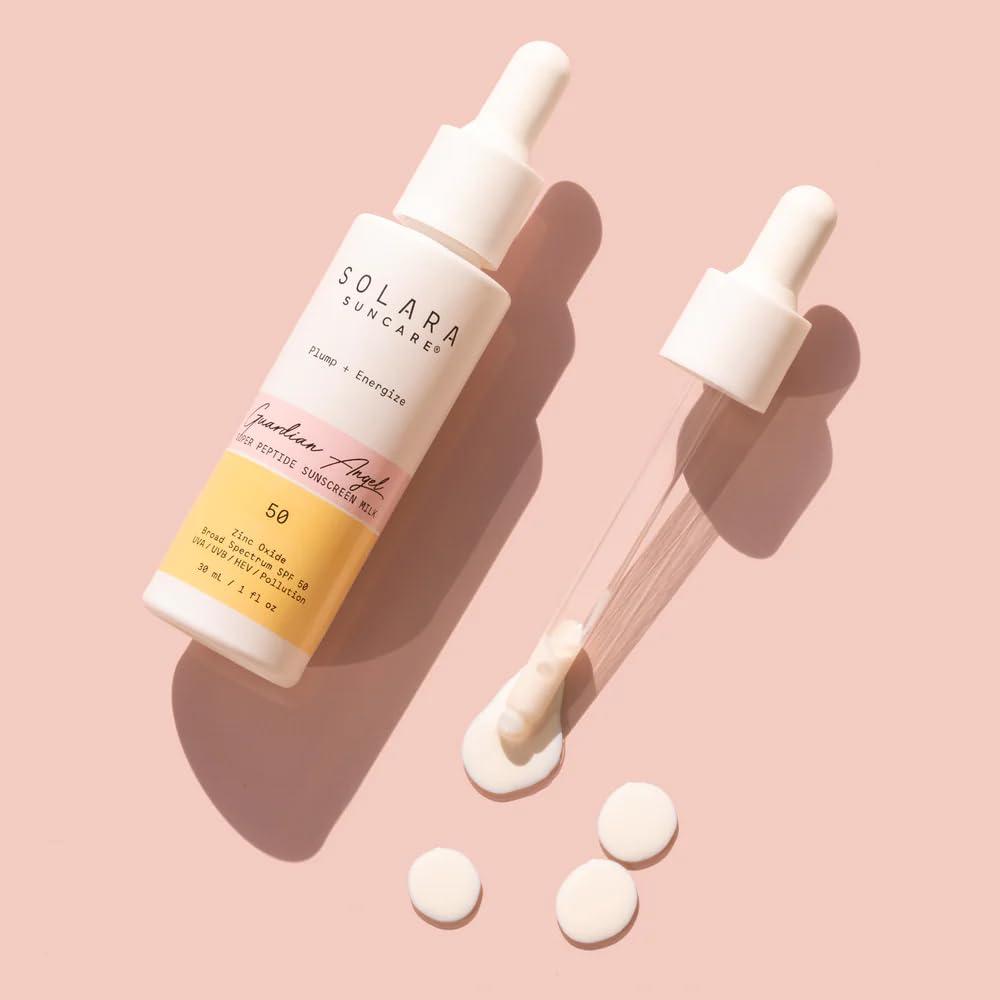 SOLARA SUNCARE Solara Suncare - Guardian Angel Super Peptide Sunscreen Milk, SPF 50 | EWG Verified, Vegan, Cruelty Free, Reef friendly | Plump+Energize | Zinc Oxide Helps Fight UVA, UVB, Pollution (1 fl oz | 30 ml)
