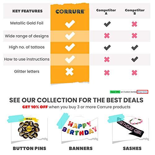 CORRURE CORRURE 48pcs Birthday Tattoos - Gold Temporary Tattoos Metallic for Women and Men - Happy Birthday Squad Tattoos for Girls, 18th 21st 25th 30th or Any Adult Bday - 11 Flash Party Tattoos