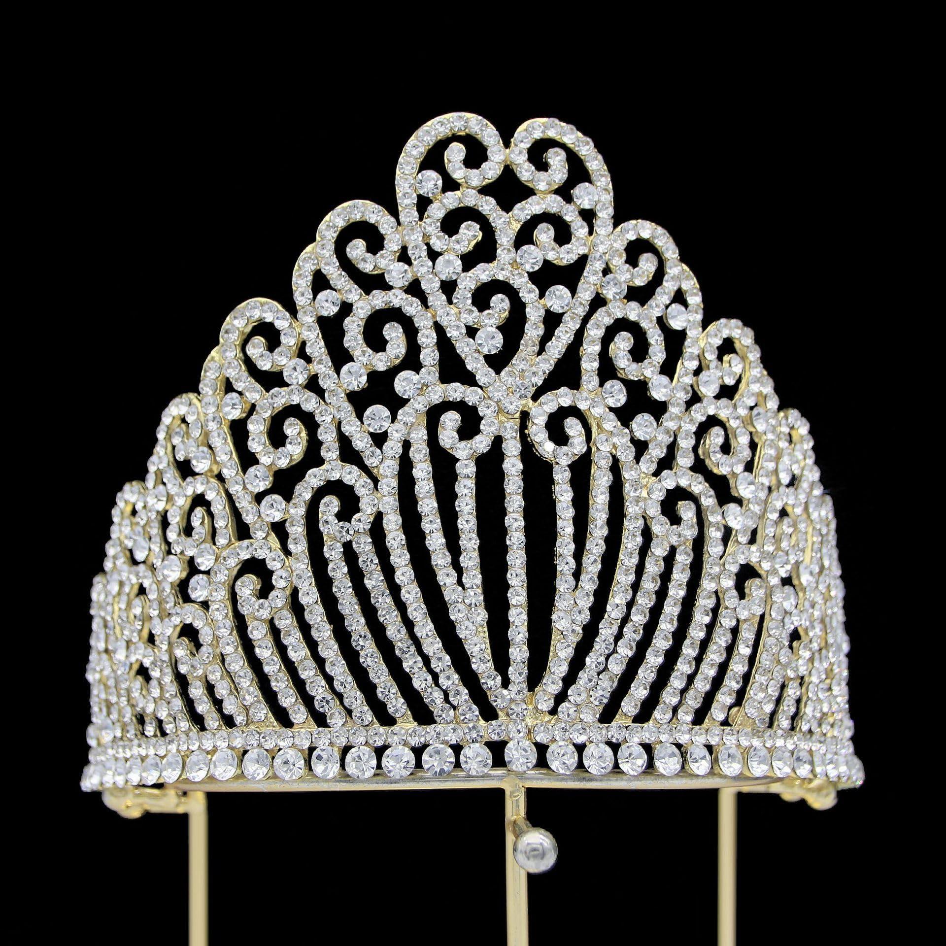 QXMYOO Extra Large Tiaras 5.2\" Tall Pageant Crowns for Women Clear Austrian Crystal Tiara Gold Homecoming Queen Crown Big Rhinestone Headpiece for Birthday Prom Quinceanera Wedding (E-Gold)