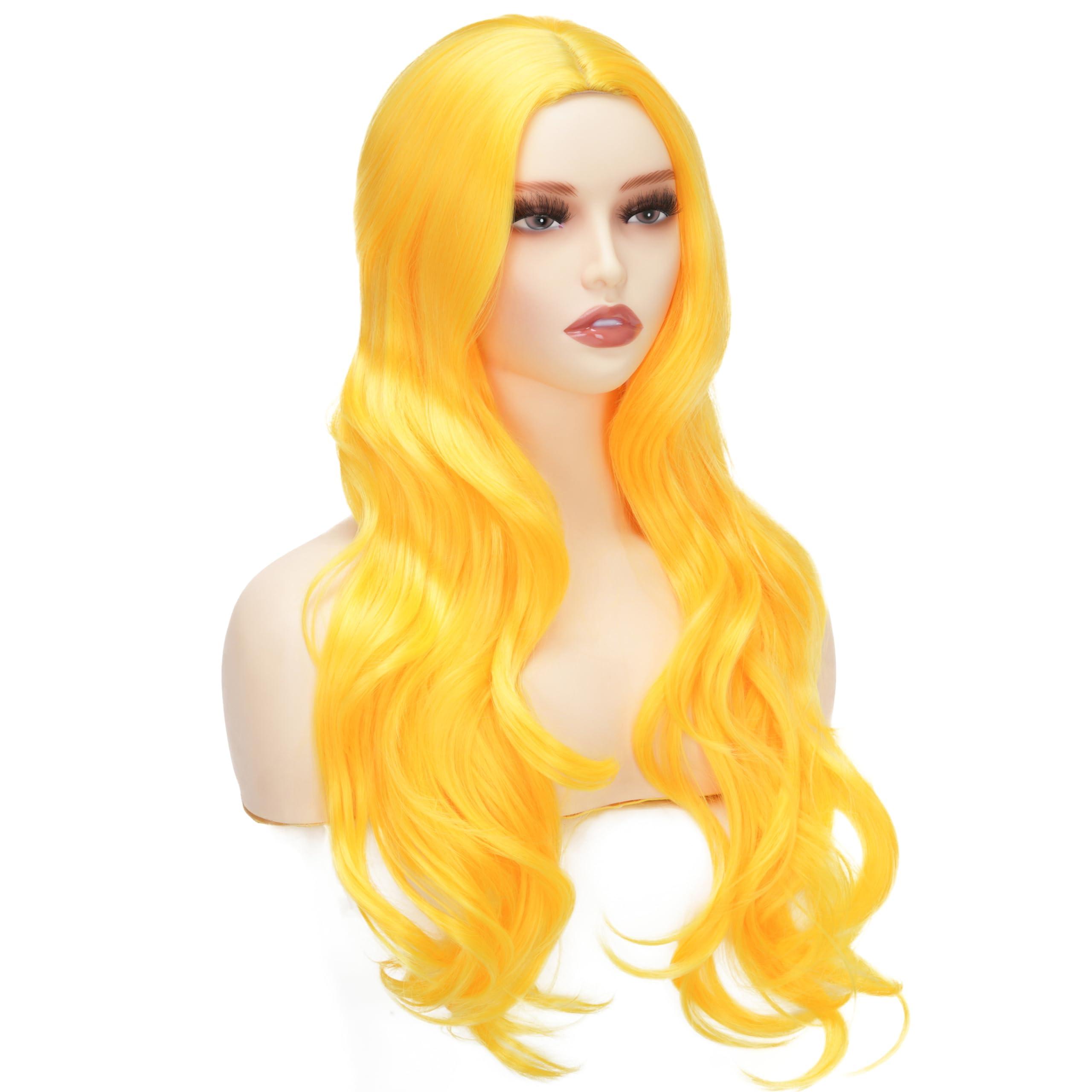 Daiaces Long Yellow Curly Wavy Wigs for Women Side Part Natural Synthetic Heat Resistant for Daily Use Halloween Cosplay Wig