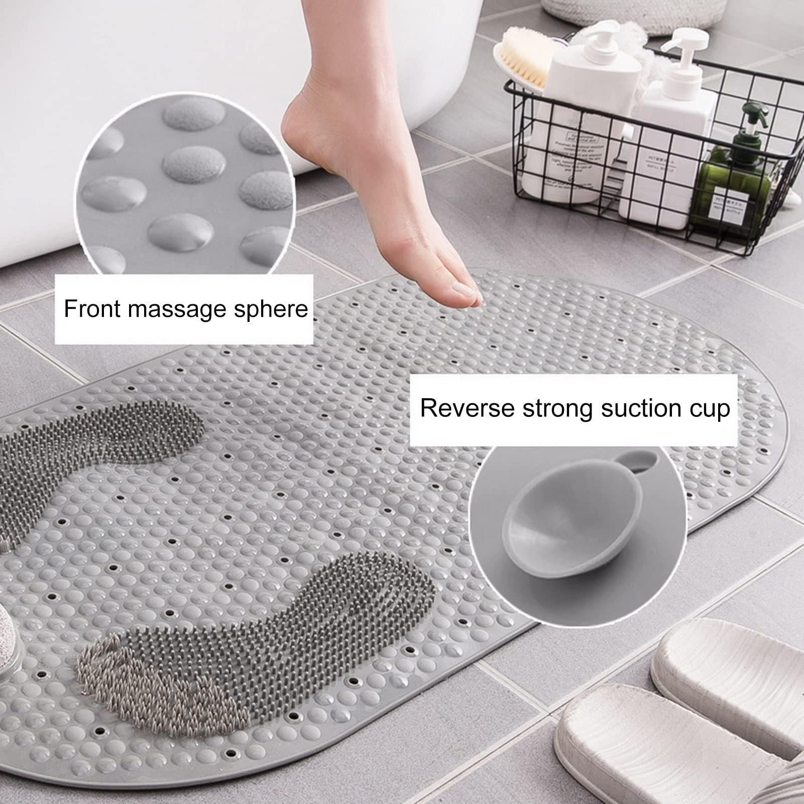 PERZOE PERZOE Foot Scrubber Shower Mat with Pumice Feet Scrub Stone, 32\"X16\" Oval Bathtub Mat with Antislip Suction Cups and Drain Holes for Feet Massage & Exfoliating Grey