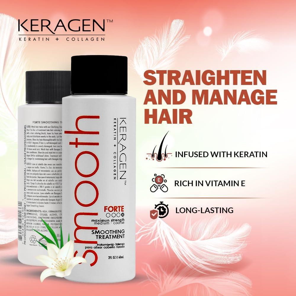 KERAGEN KERAGEN - Brazilian Keratin Smoothing Treatment, Blowout Straightening System for Dry and Damaged Hair - Forte, Sulfate Free - Eliminates Curls and Frizz, Medium to Coarse Hair (2 Oz)