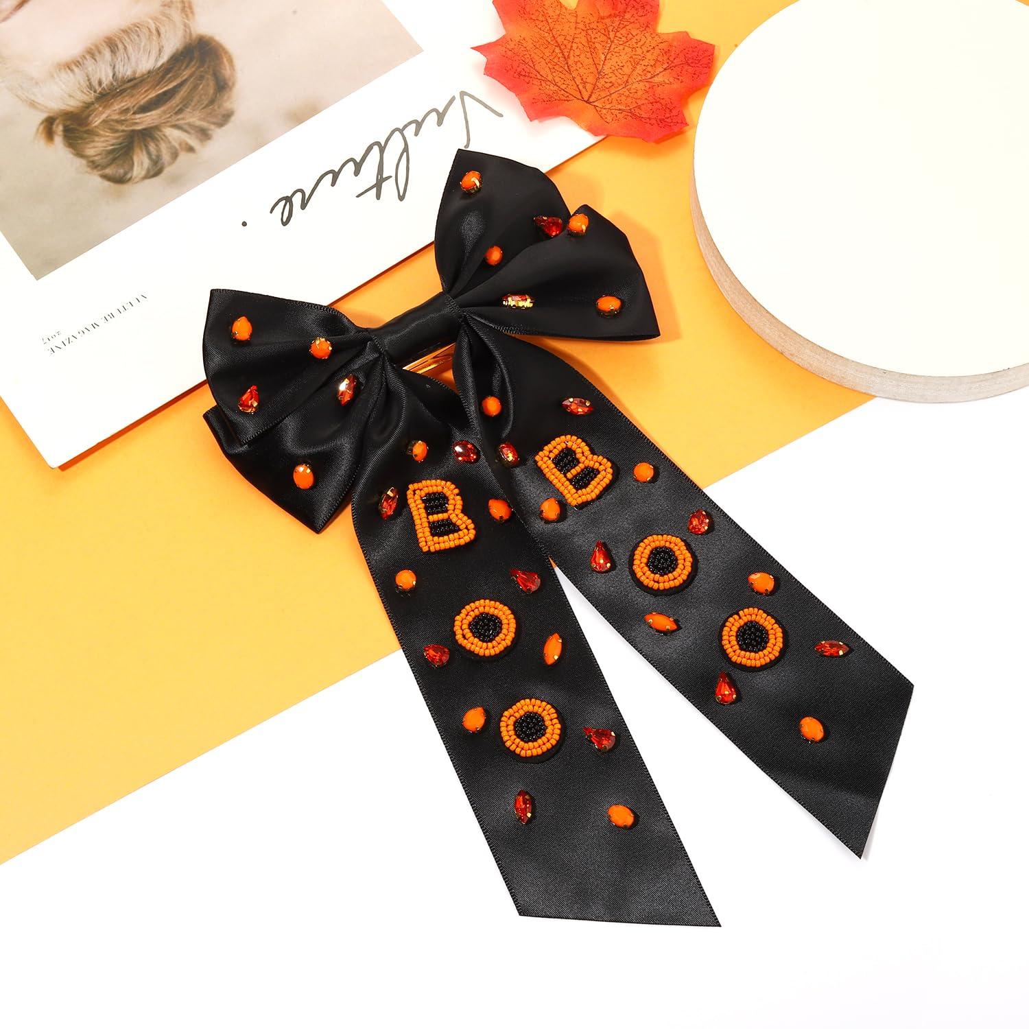 mokkia Halloween Hair Bows Clips for Women Halloween Accessories Outfits Big Spooky Pumpkin Boo Candy Corn Ghost Hair Bows Crystals Jeweled Orange Black Hair Ribbons Barrettes Costume Party Gifts (Pattern A)