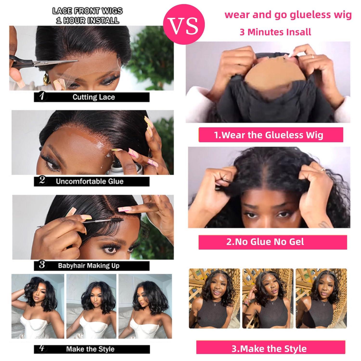 Qmaple Wear and Go Glueless Wigs Human Hair Pre Plucked Pre Cut 13x4 Body Wave Bob Wig Human Hair Upgraded No Glue Pre Cut HD Lace Front Wigs Human Hair Short Bob Human Hair Wigs for Black Women 16Inch