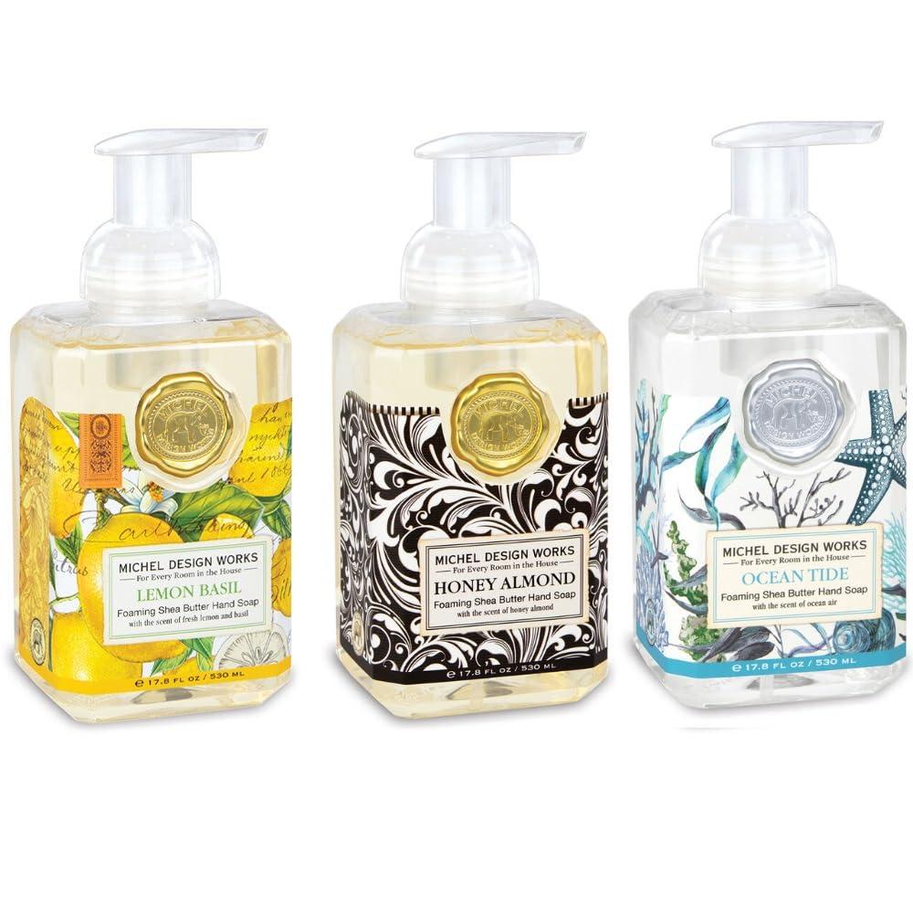 Michel Design Works Michel Design Works Foaming Hand Soap Classic Favorites Trio 3 piece Bundle, 17.80-Fluid Ounce, Lemon Basil, Honey Almond & Ocean Tide- 3 Full Size Beautiful Square Containers with Pump