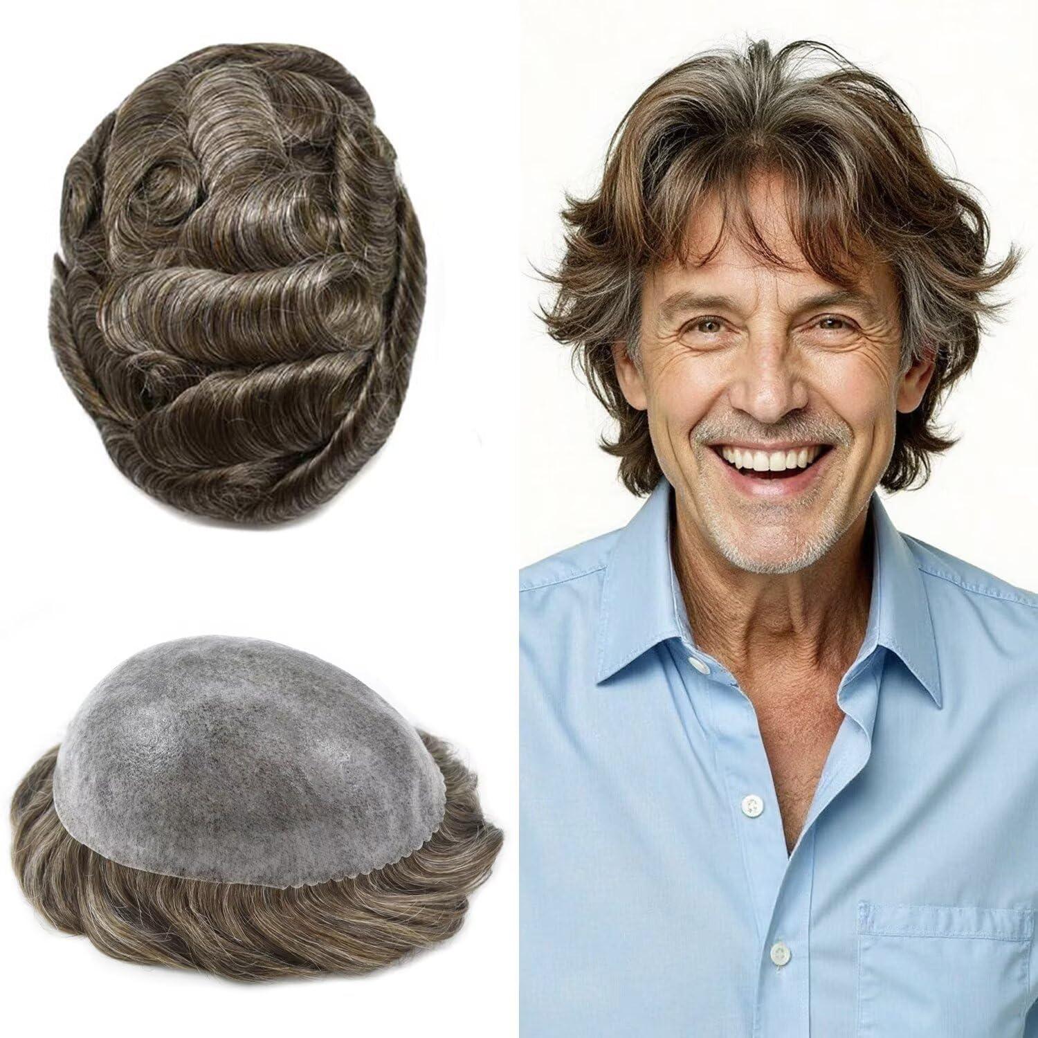 Generic Hair System for Man Full Poly Skin PU Toupee for Man Human Hair System for Men Toupee 8\"X10\" Male Hair Prosthesis (8X10\" 120% Density, 430 4# MEDIUM BROWN WITH 30% SYNTHETIC GREY)