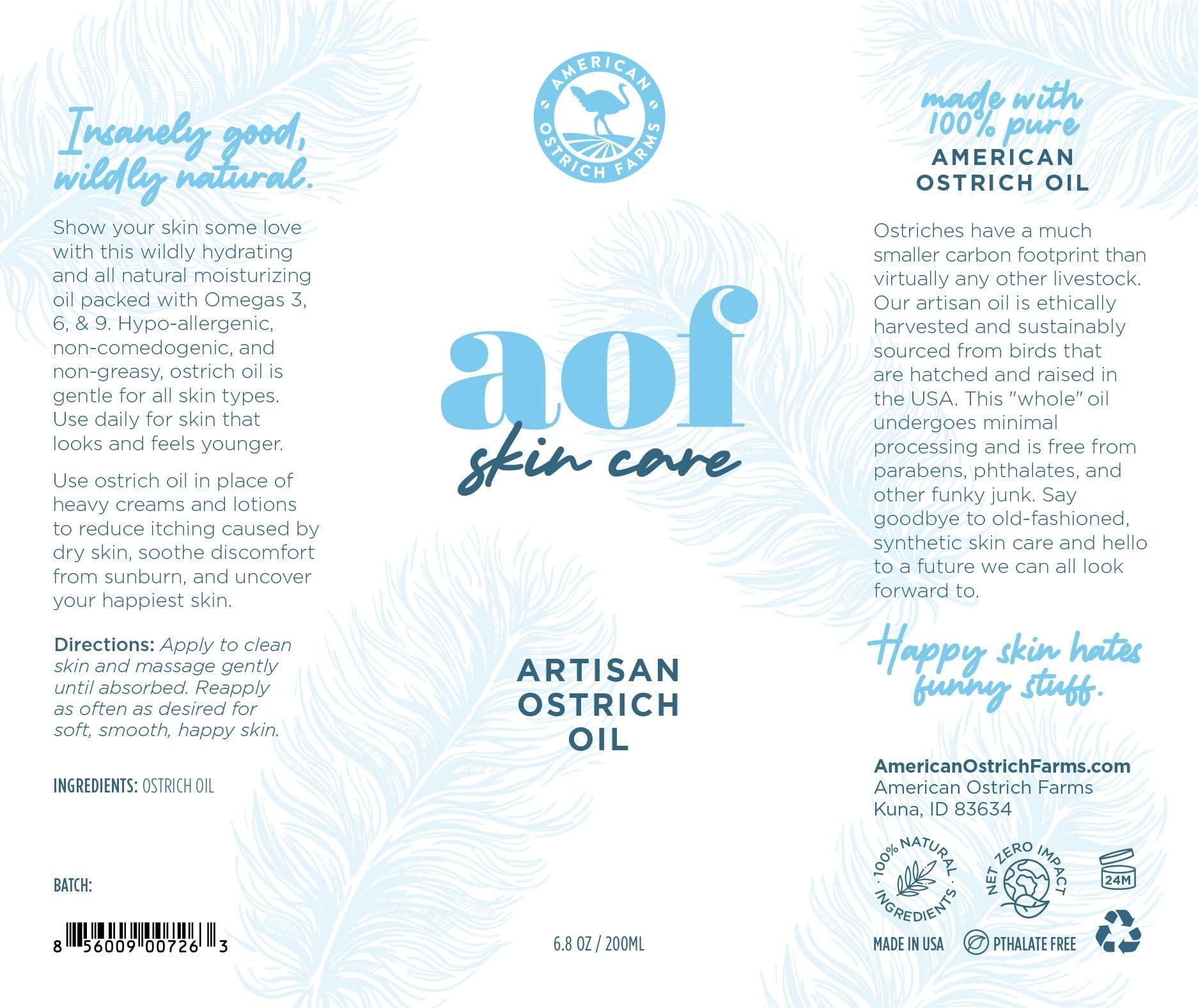 American Ostrich Farms American Ostrich Farms 100% Pure Ostrich Oil - Made in USA - All Natural Omega-Rich Skin Moisturizer, 16 Ounce Bottle, Unscented