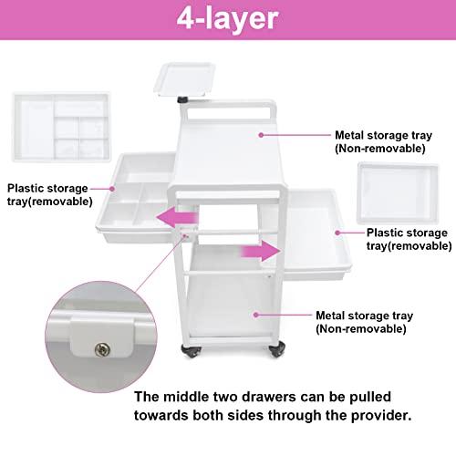 Elitzia Lash Cart Beauty Eyelashes Cart Organizer Esthetician Utility Trolley Salon Spa Rolling Trolley with Wheels Metal Storage Tray Fully Assembled 4 Drawers White Elitzia ETST19