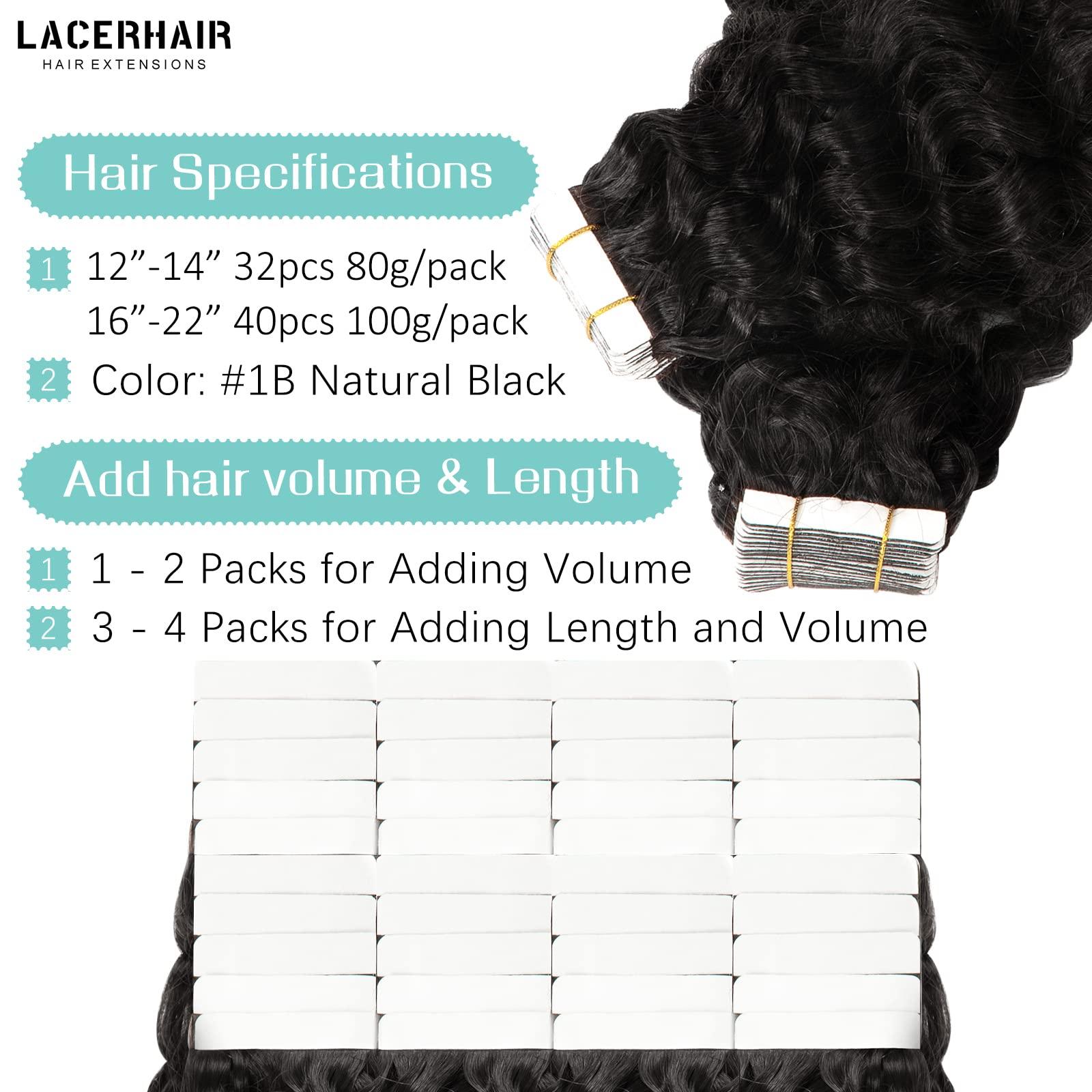 Lacer Lacerhair Jerry Curly Tape in Black Hair Extensions Human Hair Extensions 3B 3C Virgin Double Sided Curly Hair Extensions Real Human Hair Tape in for Black Women #1B 12 Inch 80G/32Pcs