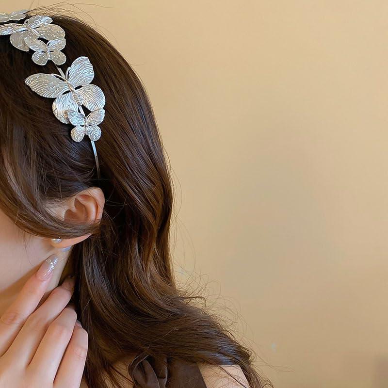 Asphinien Asphinien Gold Metal Butterfly Headband for Women Silver Butterfly Tiara Crown Non-Slip Headwear Head Hoop Alloy Tiara Headpiece Hair Accessories (Silver, Standard)