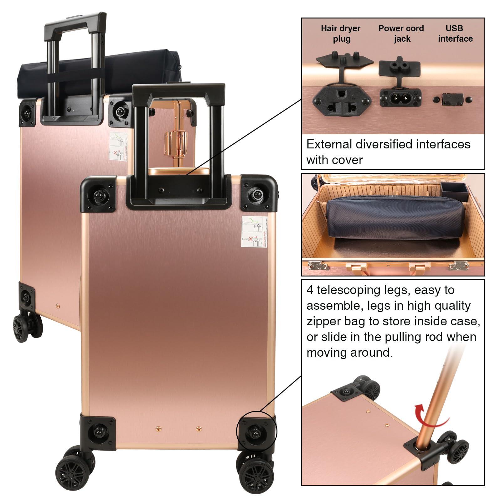 RUKEJUNE RUKEJUNE Rolling Makeup Case with LED Light Mirror Adjustable Legs Lockable Train Table Studio Artist Cosmetic Carry-on Size Rose Gold