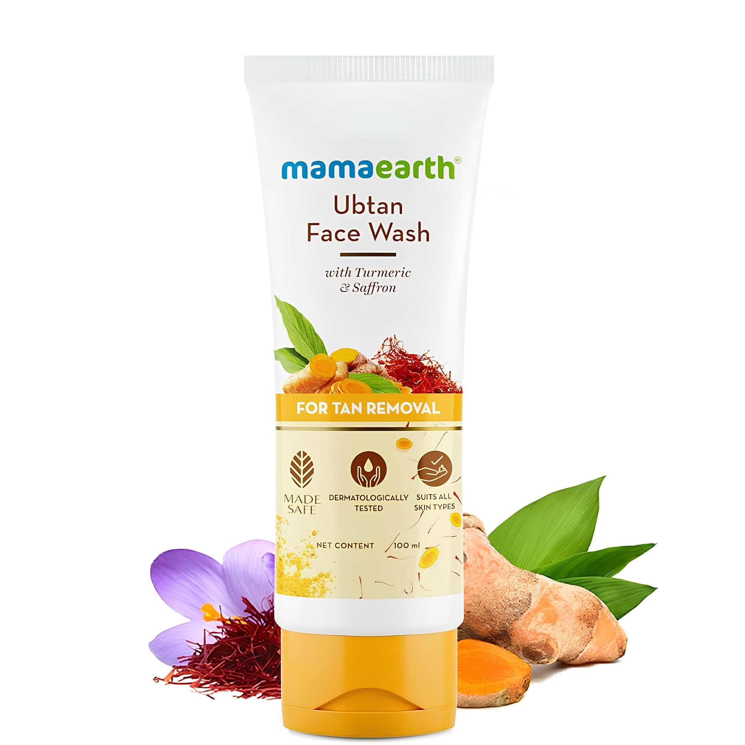 MAMAEARTH Mamaearth Ubtan De Tan Face Wash | Helps Reduce Tanning & Sun Damage | Gently Cleanses Dirt & Excess Oil | Enriched with Turmeric & Saffron | 3.38 Fl Oz (100ml)