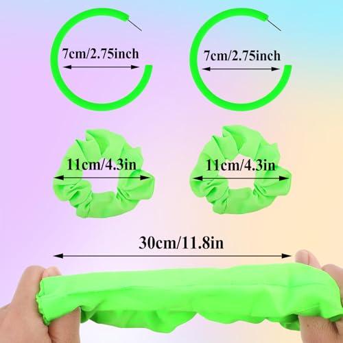 Lusofie 4 Pack 80s Neon Hair Scrunchies,Green Neon Earrings & Elastic Hair Scrunchy Set, Large Neon Scrunchies & Circle Style Earrings for Women Girl Halloween Party Decorations (Fluorescent Green)