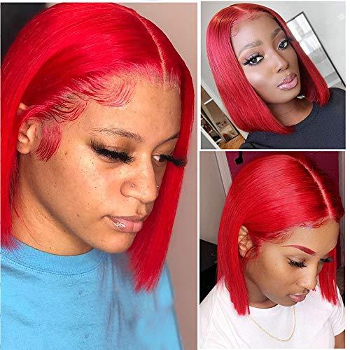 Smavida Red Bob Wig T Part Lace Front Silky Straight Human Hair Wigs for Women Glueless Bob Wigs Pre plucked with Baby Hair 150% Density 14 Inch Middle Part 13x1x4 Lace Front Bob Red Human Hair Wigs