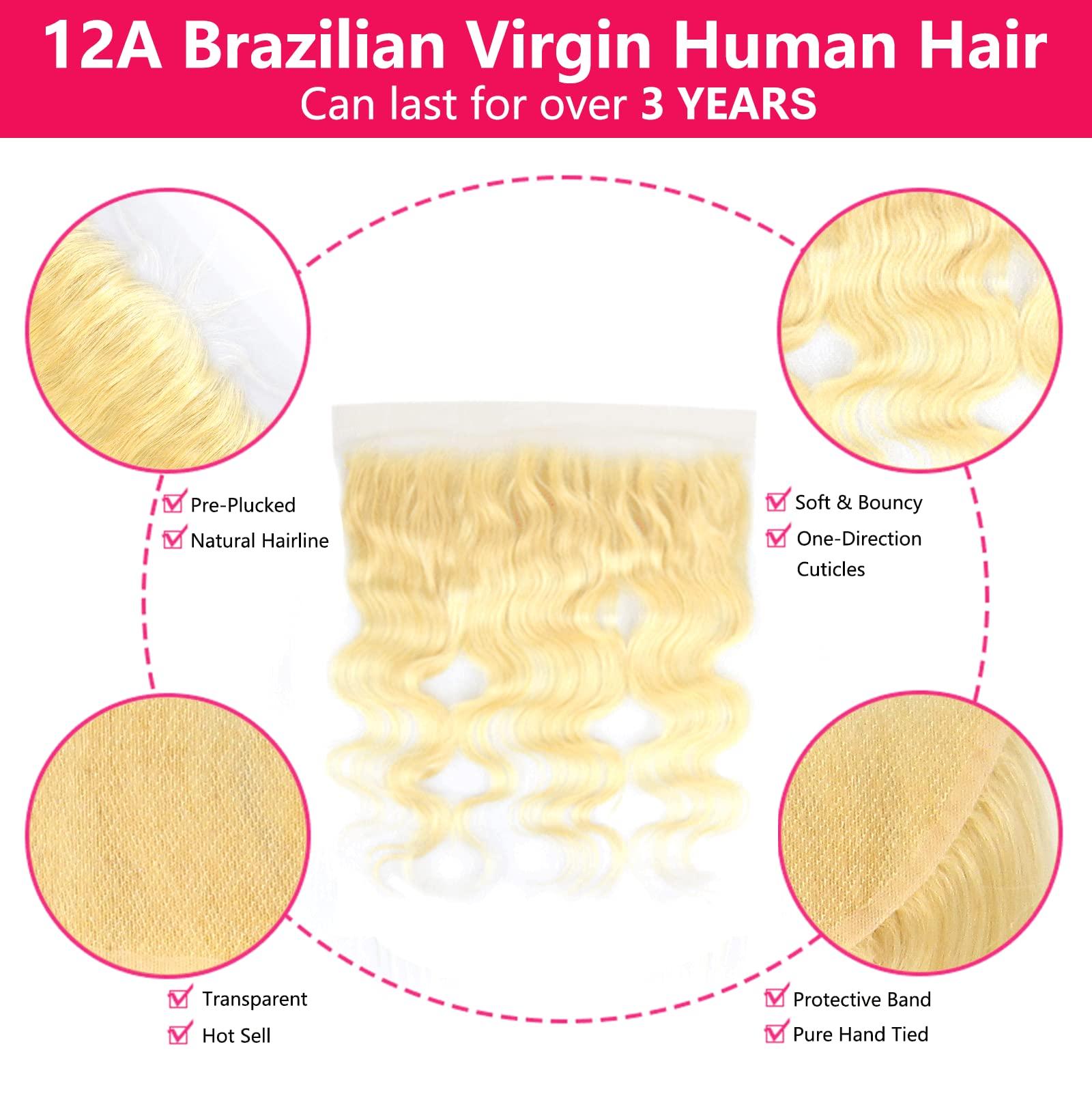 BERRYS FASHION BERRYS FASHION 613 Frontal 13x4 13x6 Human Hair 12A, Blonde Transparent Lace Frontal Only for Black Women, Body Wave Straight, 100% Brazilian Virgin Human Hair, Pre Plucked Hairline, 16 inch