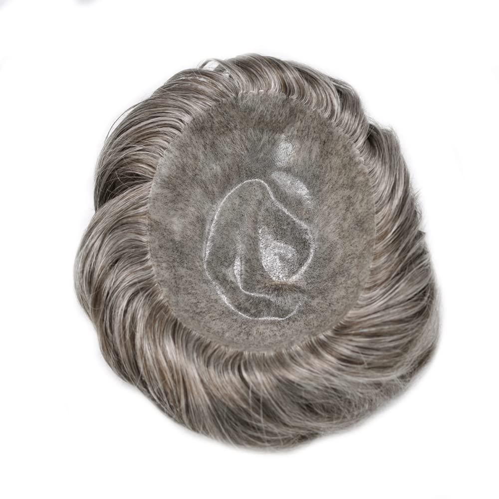 Hair Wonders Hair Wonders Toupee For Mens Hair Piece Real Human Hair Full Poly Skin Mens Toupee Hair System For Men Hairpiece For Men PU Protesis Capilar 6x8Medium light density#360 3# DARK BROWN+60% GREY