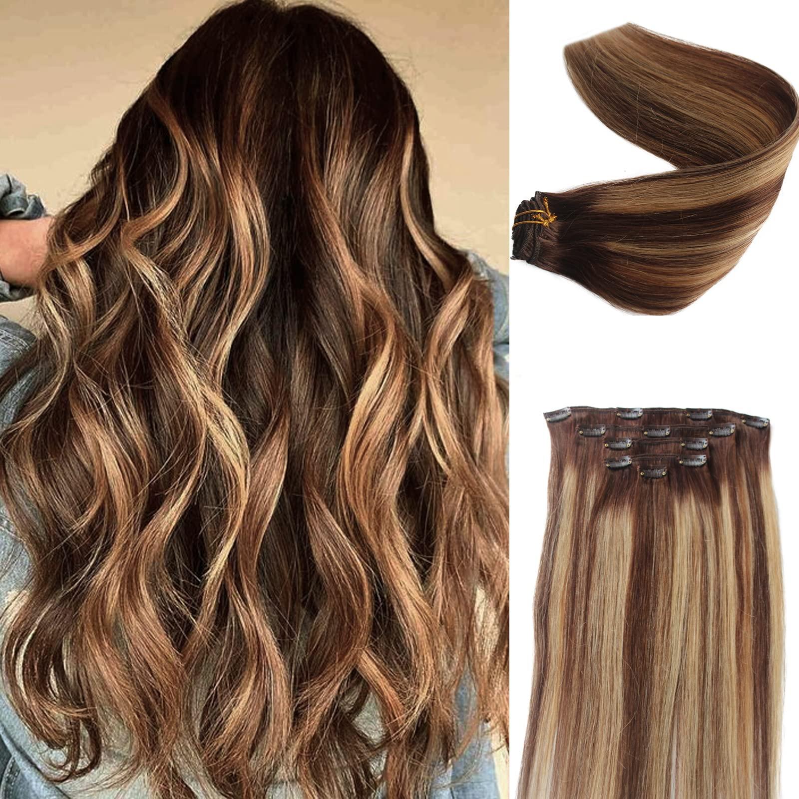 OiMiGO Human Hair Extensions Clip in, 5pcs 70g Chocolate Brown to Strawberry Blonde, OiMiGO Ombre Clip ins Hair Extensions Real Human Hair Straight Natural Hair Extensions with 12 Clips (#4T4P27,22Inch)