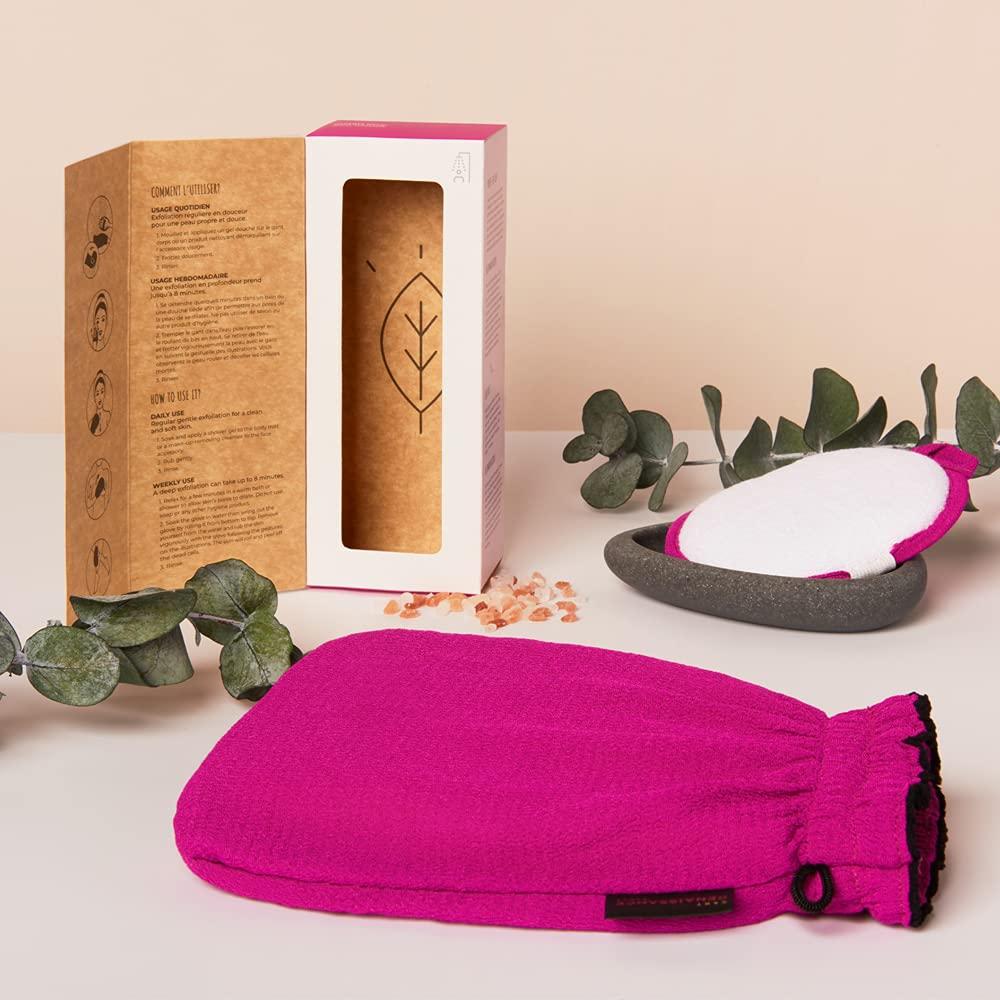 LE GANT RENAISSANCE Renaissance Glove a body Exfoliating Mitt with face scrubbing accessory by Daniele Henkel – Vegan more effective & resistant than a loofah, brush or scrub sponge bath -100% natural (Royal Magenta)