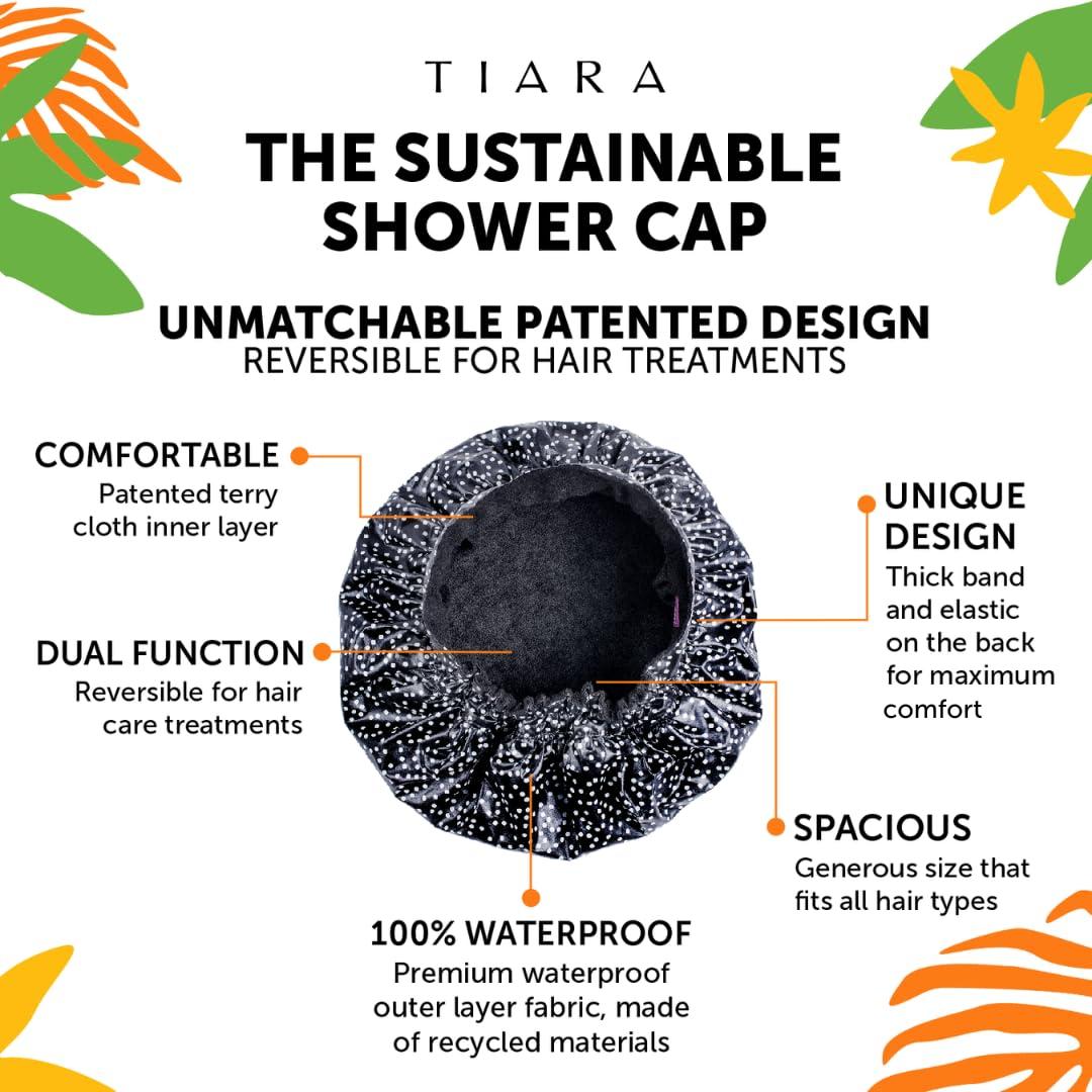 TIARA Shower Cap TIARA Luxury Shower Cap for Women Reusable Waterproof, Hair Cap for Long & Short Hair, All Size Flexi Adjustable Terry Lined Cloth Plastic Leakproof Soft, Breathable, Durable & Comfy (Dots Black)