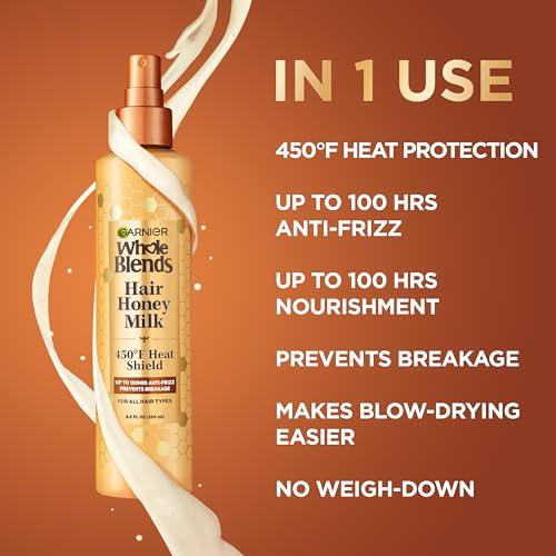 Garnier Garnier Whole Blends Honey Treasures Repairing Shampoo (22 Fl Oz), Conditioner (22 Fl Oz) + Hair Honey Milk 450F Heat Protectant Spray (2 Count) (8.5 Fl Oz) (4 Items), Bundle (Packaging May Vary)