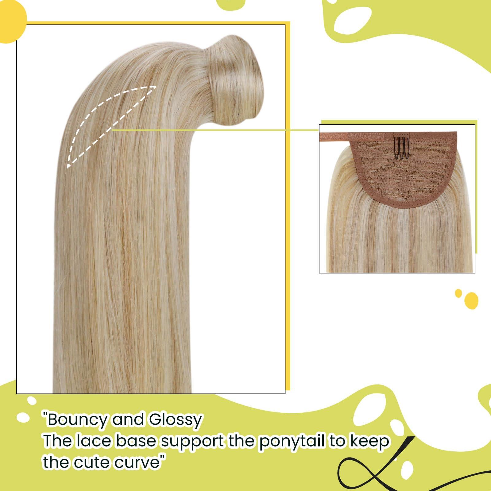 RUNATURE RUNATURE Human Hair Ponytail Extension 18 Inch Ash Blonde with Platinum Blonde Ponytail Extension Human Hair with Magic Paste Full Ends Long Real Hair Ponytail Extensions Wrap Around Thick 80g