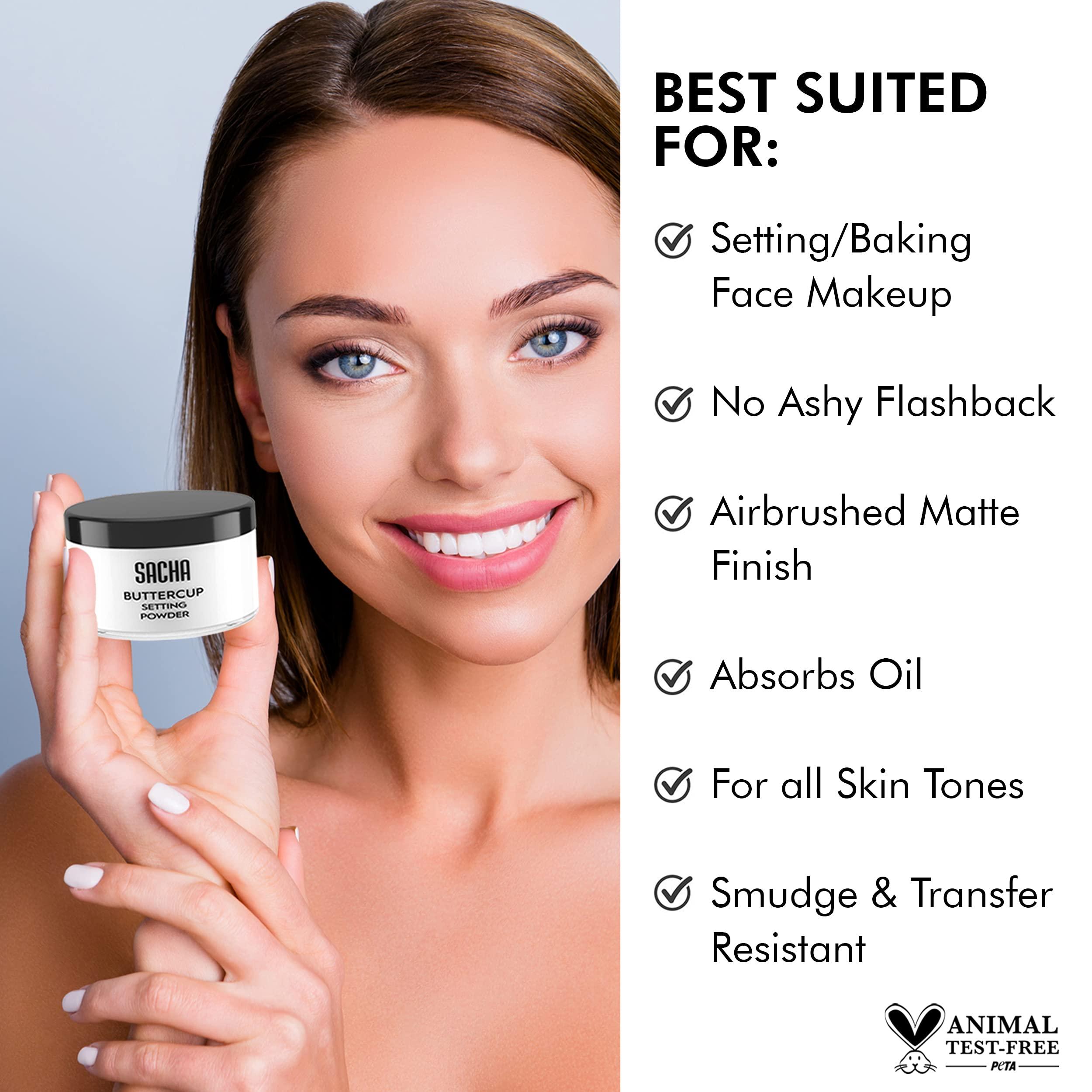 Sacha Cosmetics Sacha BUTTERCUP No Color Setting Powder Makeup 1.75 Oz. Translucent Setting Powder for Oily Skin Finishing Powder Loose Powder Makeup Blurring Powder Blurs Fine Lines and Pores For All Skin Tones