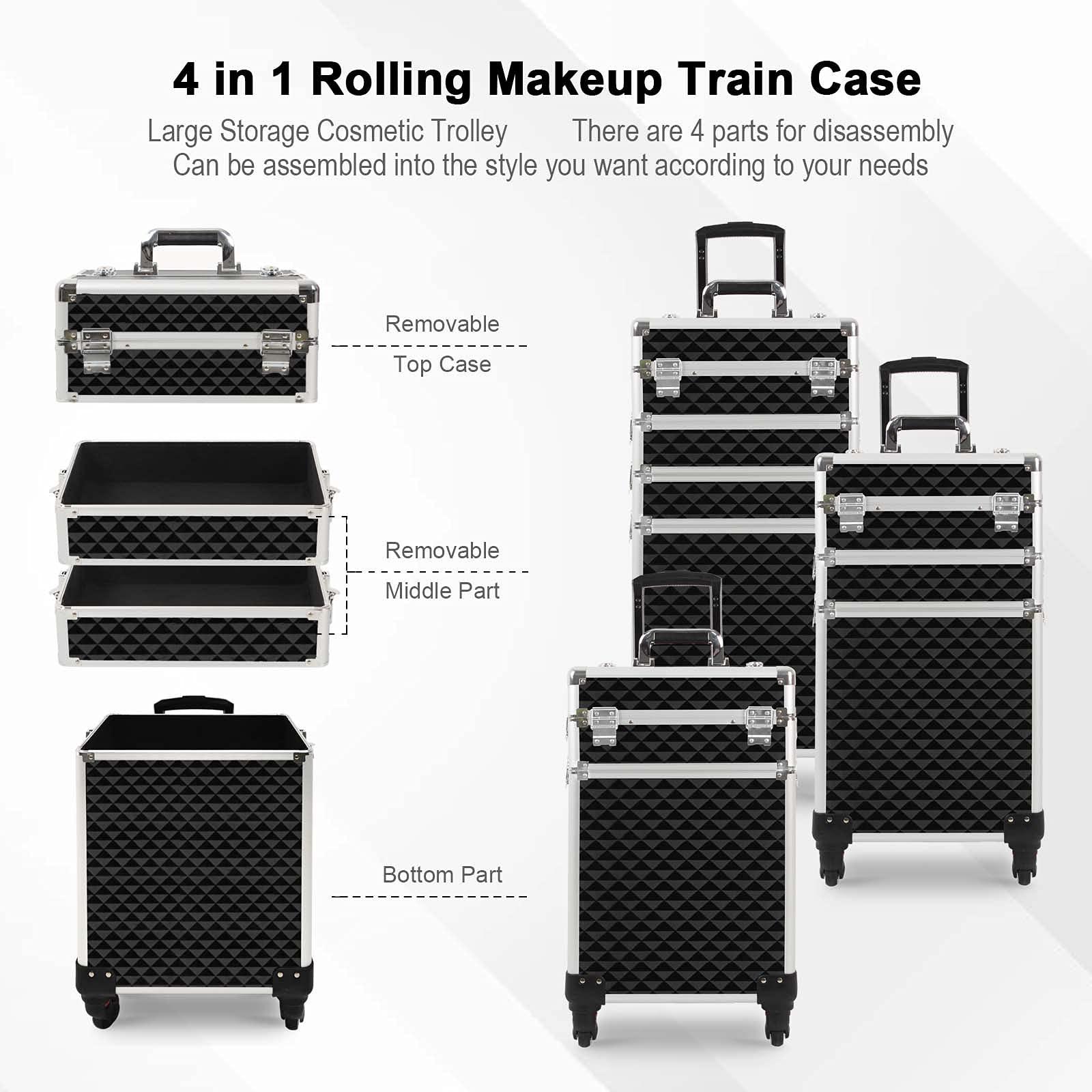 Ochine 4 in 1 Makeup Case Aluminum Cosmetic Case Rolling Train Case Professional Makeup Train Case Large Capacity Trolley Makeup Travel Case Beauty Storage with Folding Trays and Large Compartments