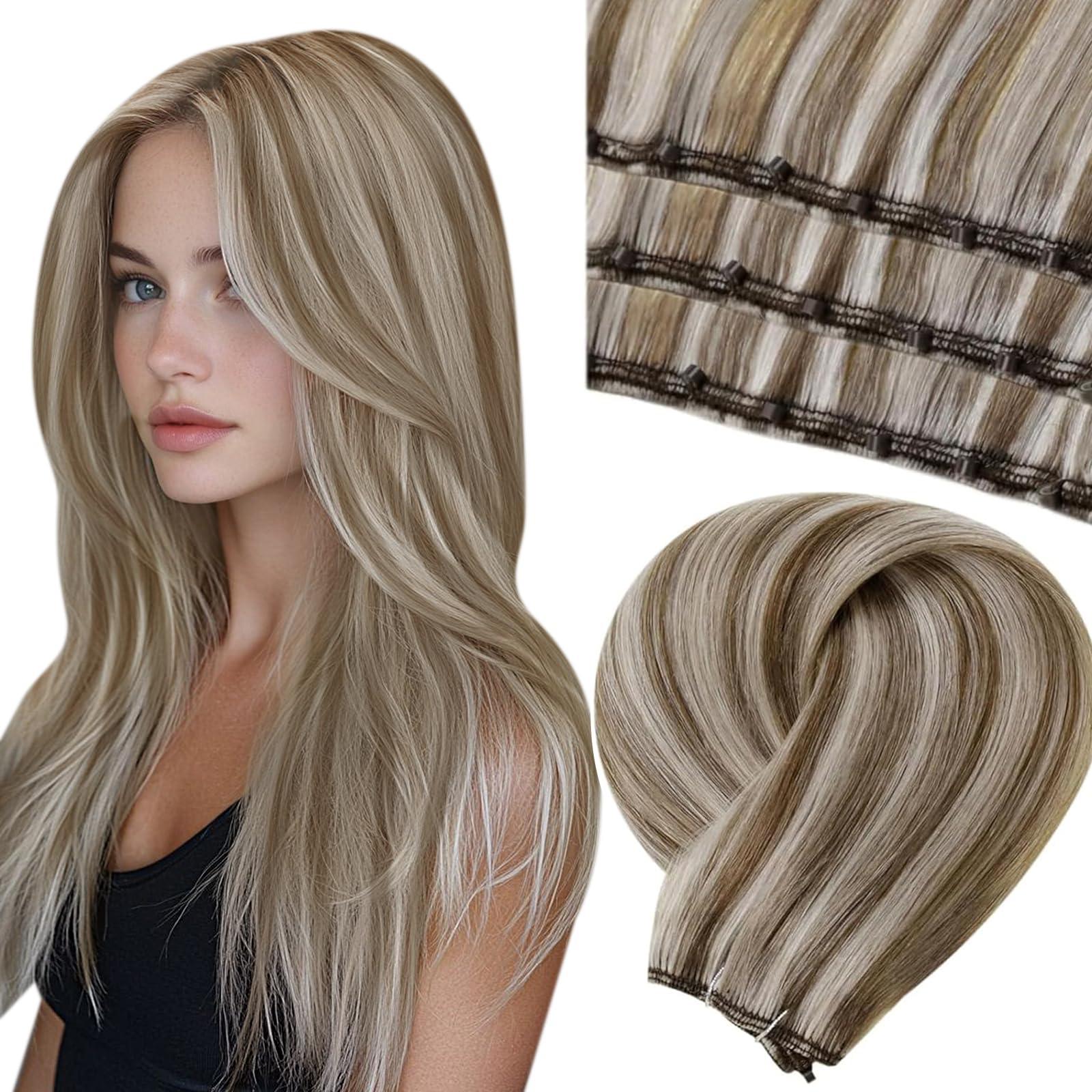 LAAVOO LaaVoo Beaded Weft Hair Extensions Human Hair Micro Bead Hair Extensions Real Human Hair Light Brown with Platinum Blonde Beaded Weft Human Hair Extensions Straight Weft Extensions 50G 20Inch