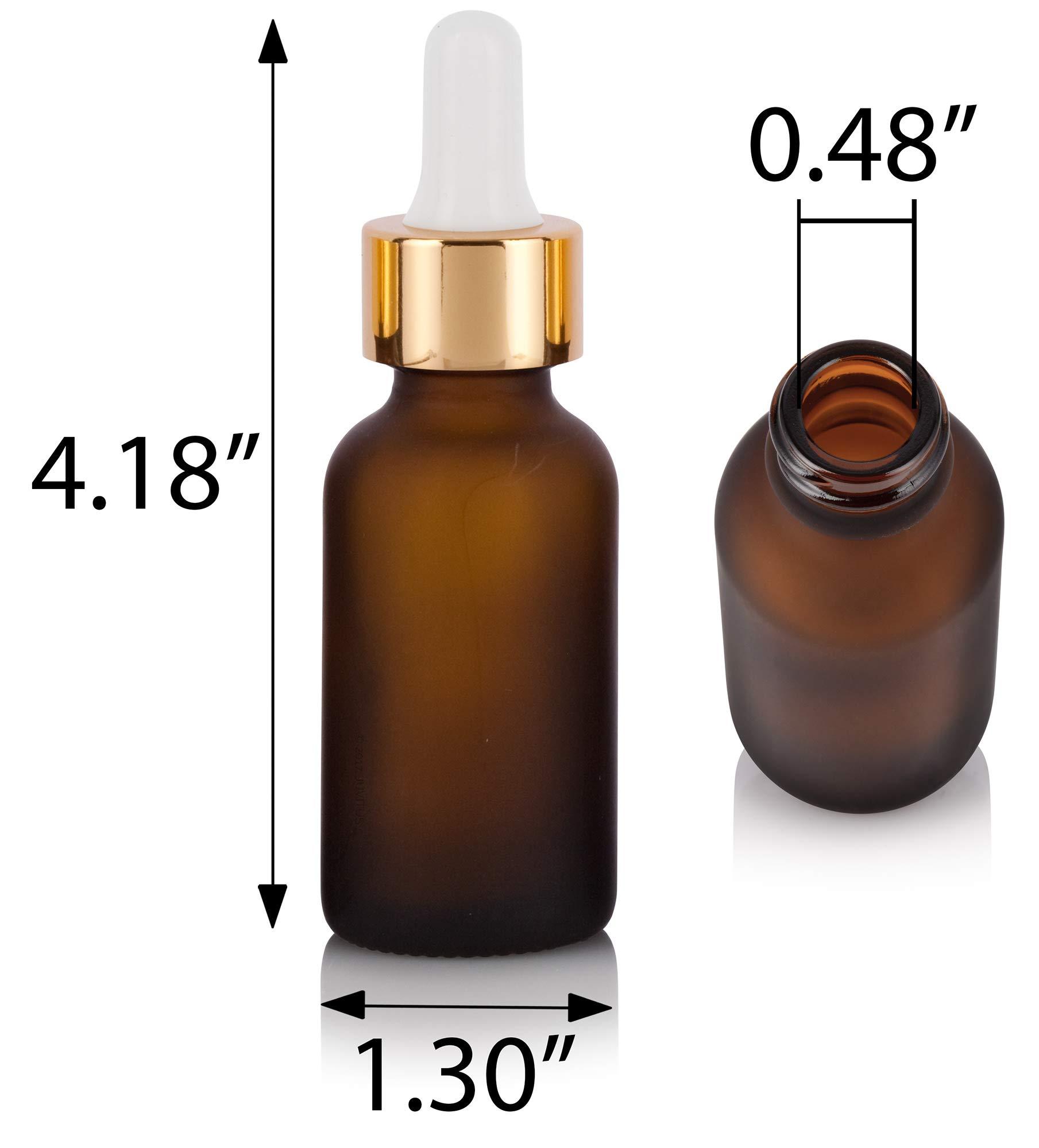 JUVITUS JUVITUS 1 oz / 30 ml Frosted Amber Glass Boston Round Bottle with Gold Metal and Glass Dropper (6 pack) + Funnel