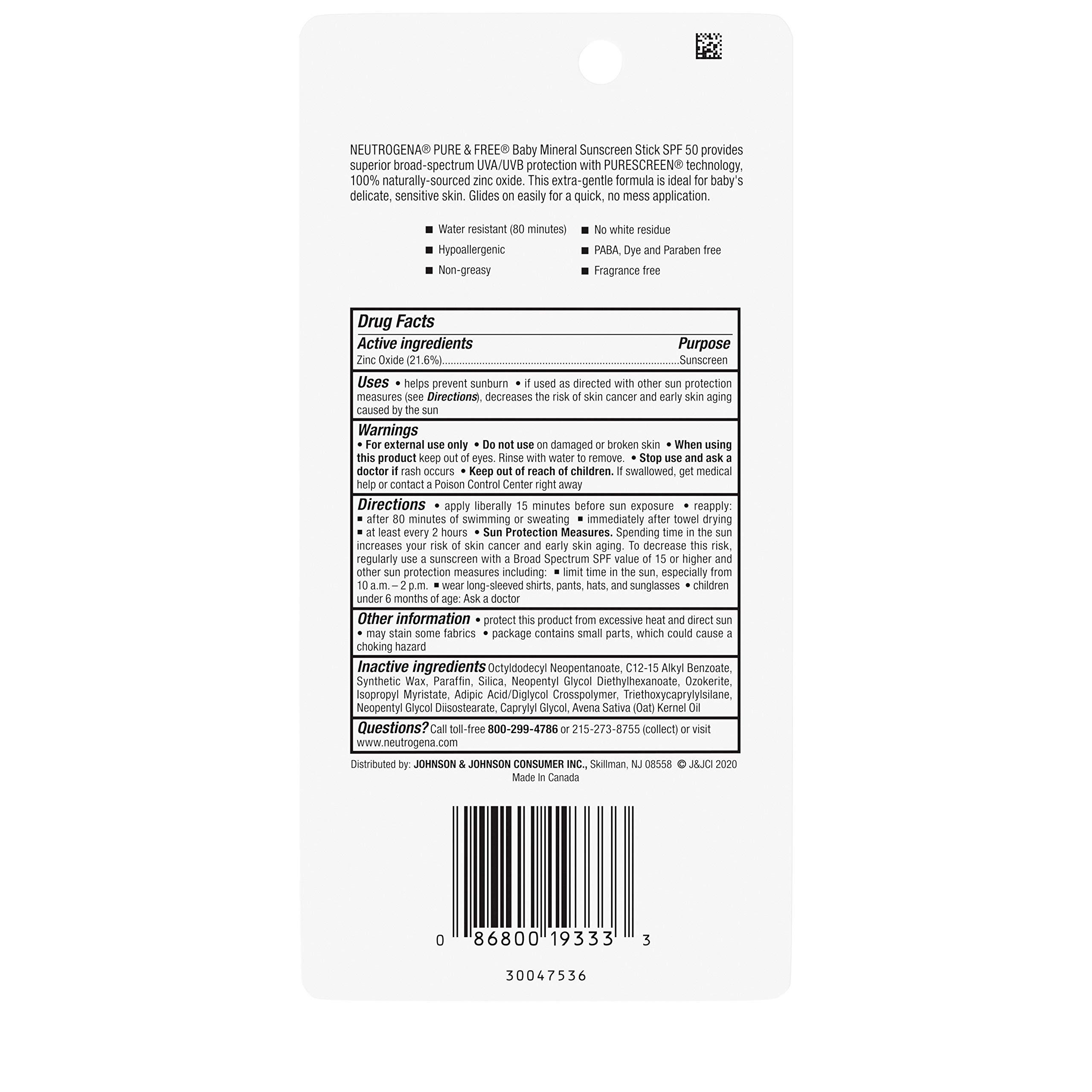 Neutrogena Neutrogena Pure & Free Baby Mineral Sunscreen Stick with Broad Spectrum SPF 50 & Zinc Oxide, Water-Resistant, Hypoallergenic, Paraben-, Dye- & PABA-Free Baby Face & Body Sunscreen, 0.47 oz