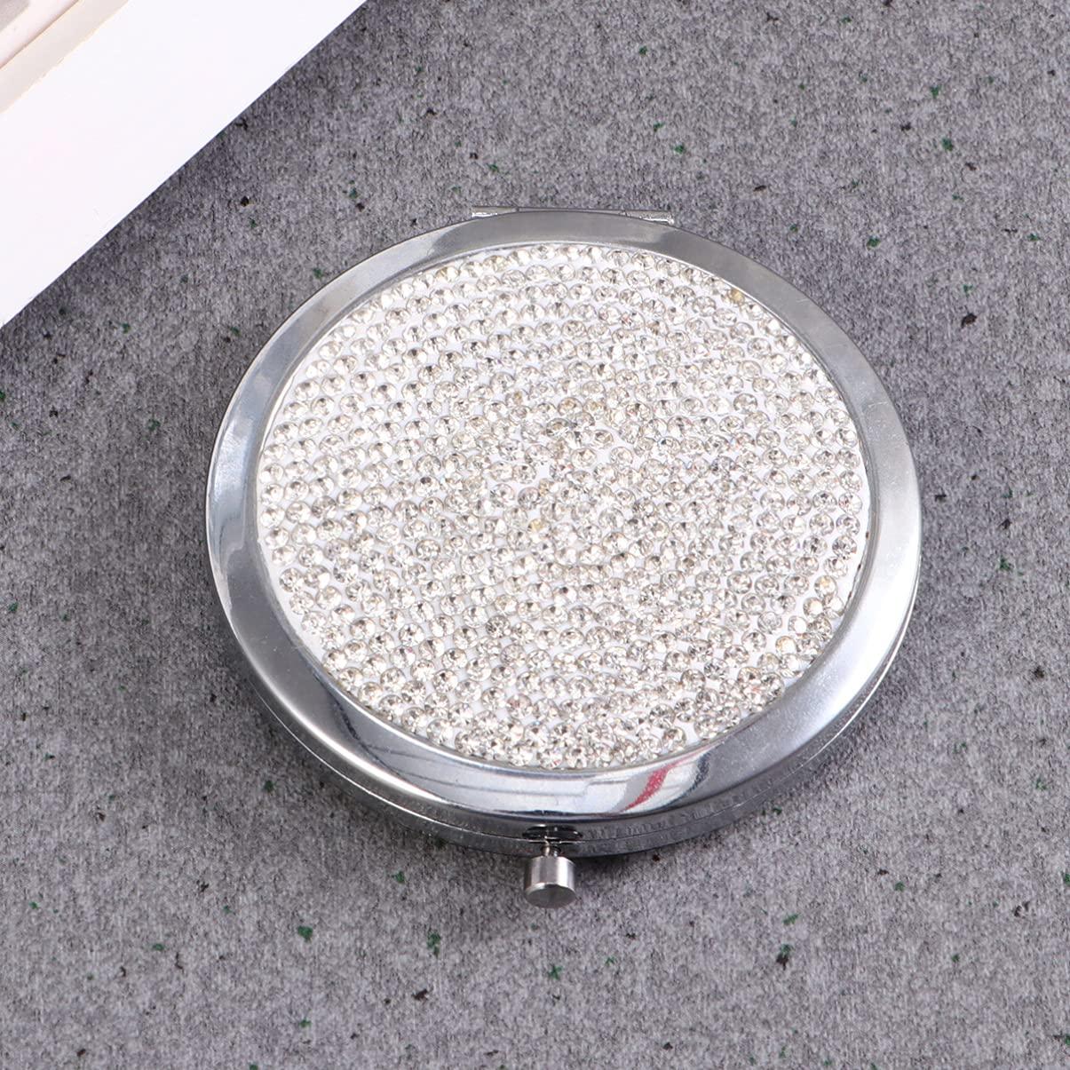 LALAFINA LALAFINA 1pc Bling Compact Mirror Pocket Rhinestone Makeup Mirror Double-Sided Cosmetic Mirror Round Folding Mirror for Women Travel Daily Use, White