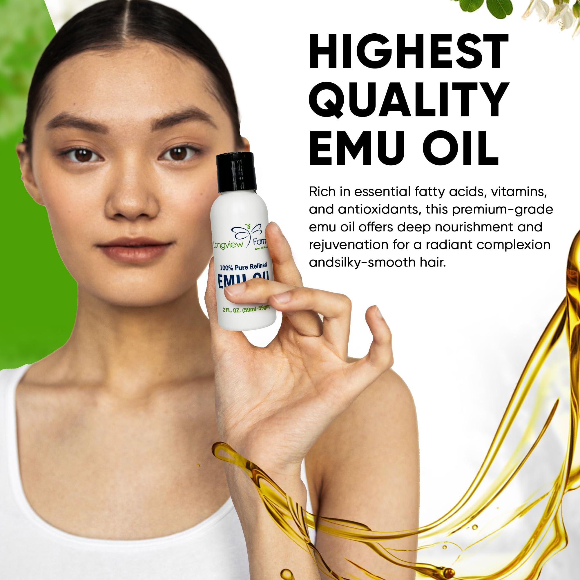 Longview Farms Longview Farms Emu Oil - Hair and Body Oil - 100% Pure & Refined Emu Oil | Organic Emu Oil for Skin & Hair Care | Premium Quality Hydration & Nourishment | 2 Fl. Oz